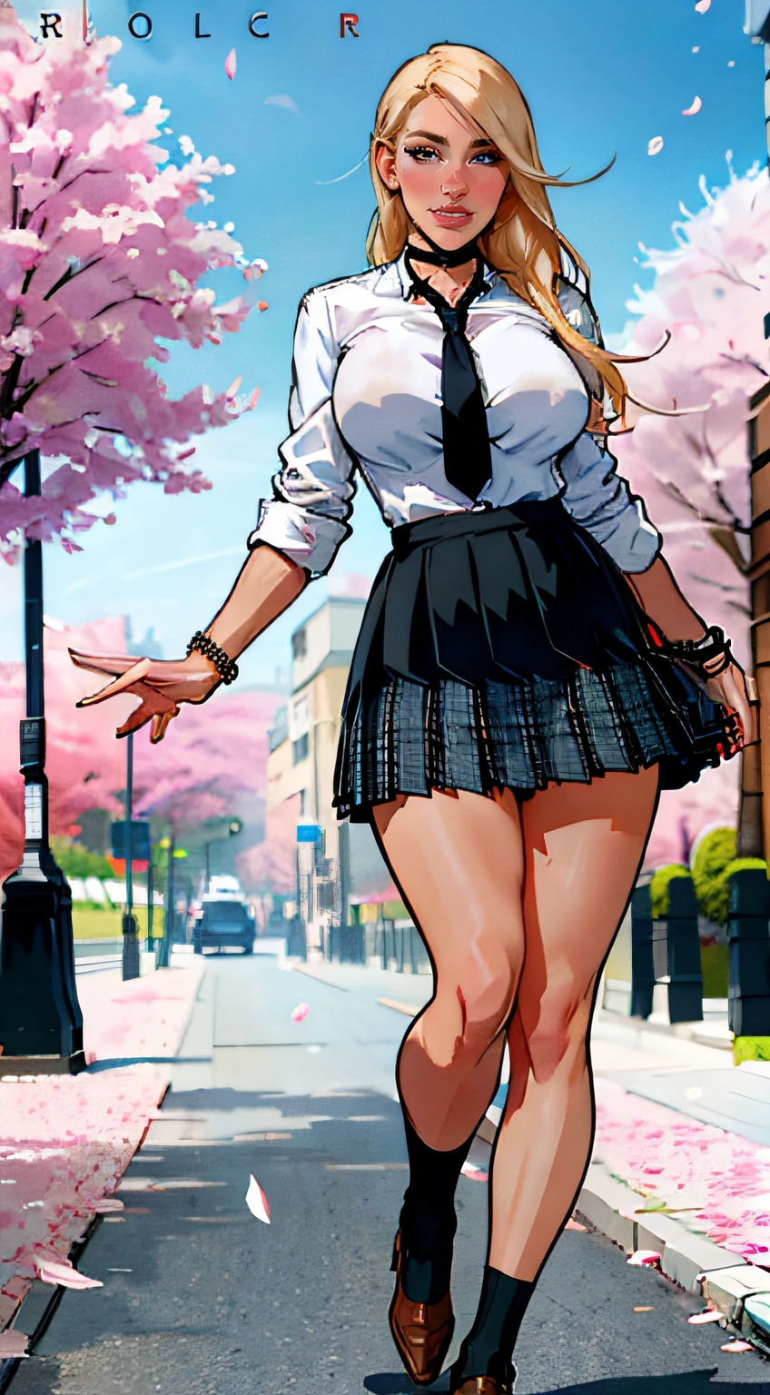 ch3rryg1g, masterpiece, best quality, full body, 1girl, bangs, black choker, black necktie, blonde hair, blue skirt, blush, bracelet, breasts, choker, clothes around waist, collarbone, collared shirt, cowboy shot, dress shirt, ear piercing, eyebrows visible through hair, gradient hair, grin, gyaru, jewelry, kogal, long hair, looking at viewer, loose necktie, necktie, piercing, plaid, plaid skirt, pleated skirt, red eyes, ring, , shirt, skirt, smile, solo, white shirt, street, sky, cherry blossoms, petals,illustration, (magazine:1.3), (cover-style:1.3), fashionable, woman, vibrant, outfit, posing, front, colorful, dynamic, background, elements, confident, expression, attention-grabbing, fashion,