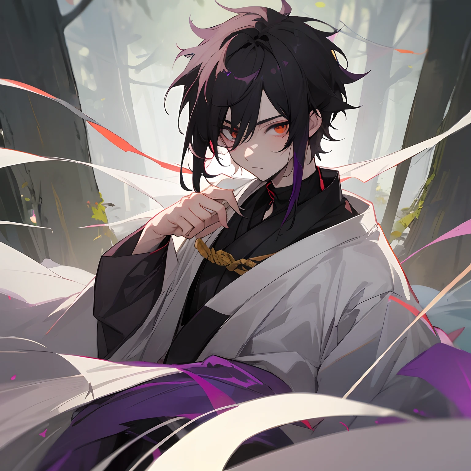 Anime character with black hair and purple eyes in a forest - SeaArt AI