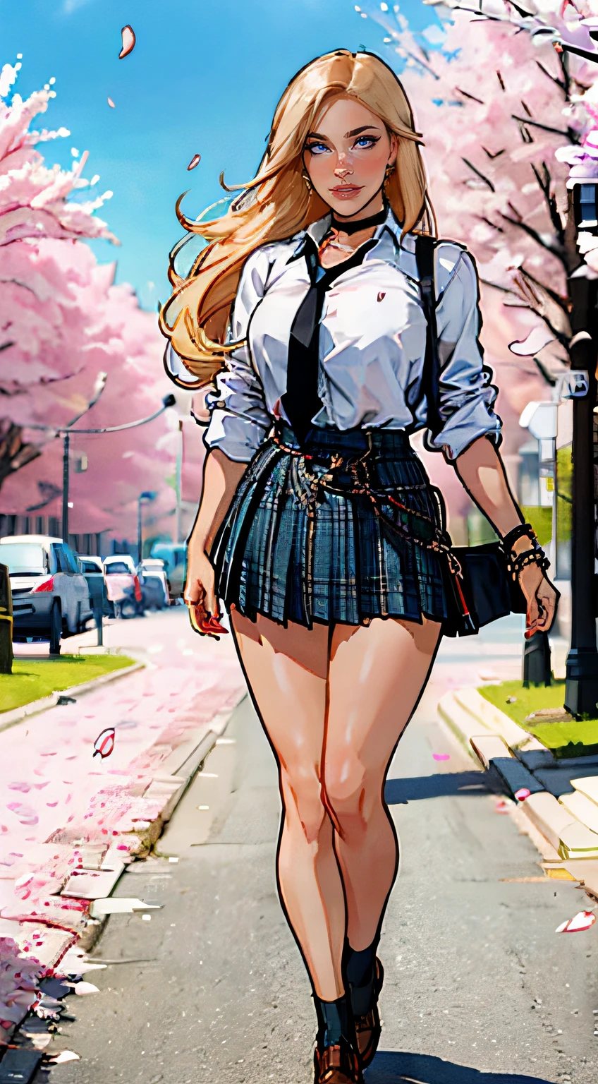 ch3rryg1g, masterpiece, best quality, full body, 1girl, bangs, black choker, black necktie, blonde hair, blue skirt, blush, bracelet, breasts, choker, clothes around waist, collarbone, collared shirt, cowboy shot, dress shirt, ear piercing, eyebrows visible through hair, gradient hair, grin, gyaru, jewelry, kogal, long hair, looking at viewer, loose necktie, necktie, piercing, plaid, plaid skirt, pleated skirt, red eyes, ring, , shirt, skirt, smile, solo, white shirt, street, sky, cherry blossoms, petals,illustration, fashionable, woman, vibrant, outfit, posing, confident, expression, attention-grabbing, fashion,