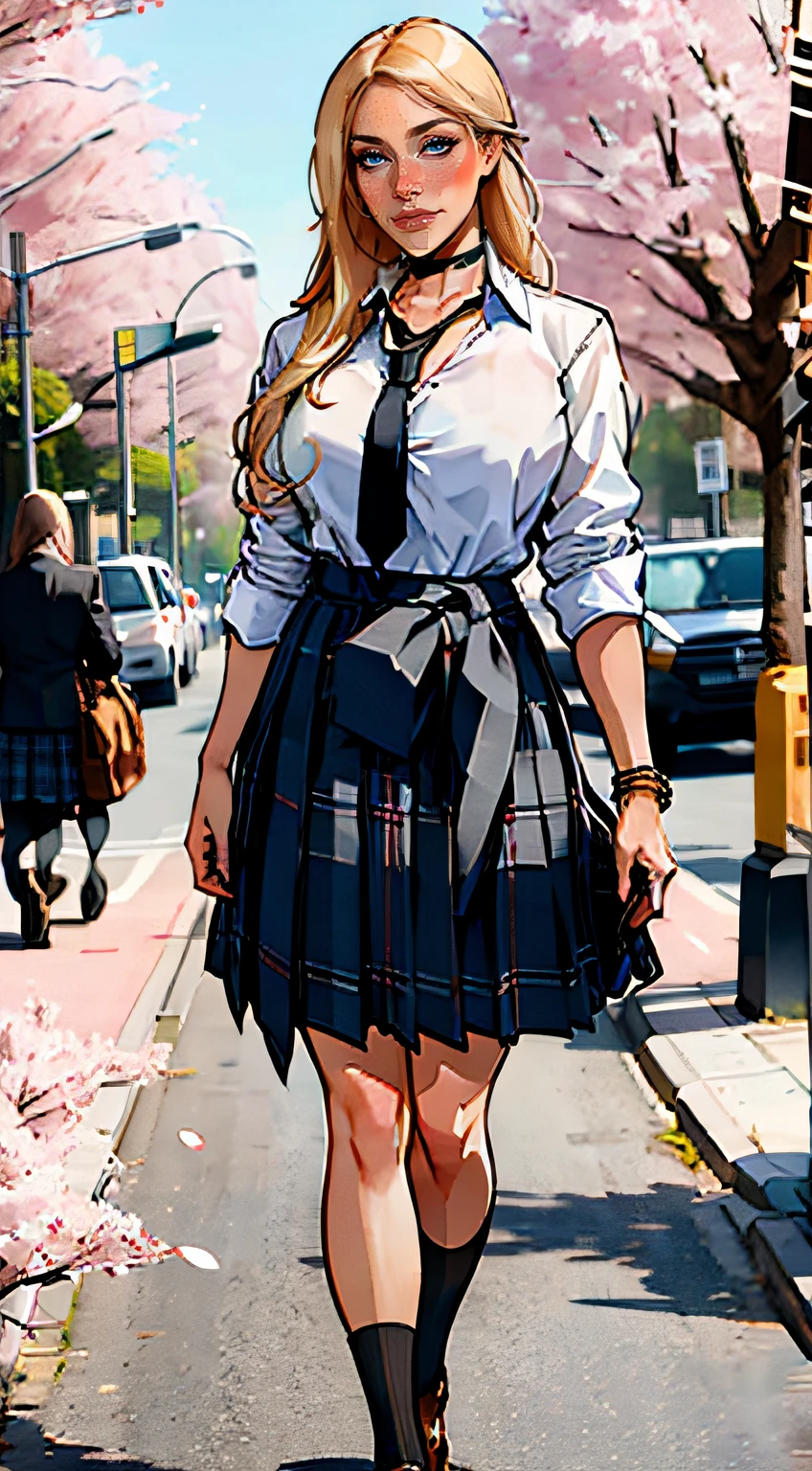 ch3rryg1g, masterpiece, best quality, full body, 1girl, bangs, black choker, black necktie, blonde hair, blue skirt, blush, bracelet, breasts, choker, clothes around waist, collarbone, collared shirt, cowboy shot, dress shirt, ear piercing, eyebrows visible through hair, gradient hair, grin, gyaru, jewelry, kogal, long hair, looking at viewer, loose necktie, necktie, piercing, plaid, plaid skirt, pleated skirt, red eyes, ring, , shirt, skirt, smile, solo, white shirt, street, sky, cherry blossoms, petals, fashionable, woman, outfit, posing, confident, expression, attention-grabbing, fashionable,