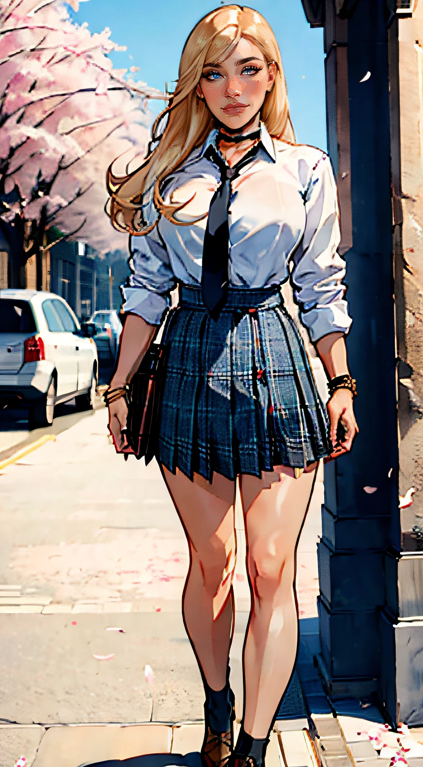 ch3rryg1g, masterpiece, best quality, full body, 1girl, bangs, black choker, black necktie, blonde hair, blue skirt, blush, bracelet, breasts, choker, clothes around waist, collarbone, collared shirt, cowboy shot, dress shirt, ear piercing, eyebrows visible through hair, gradient hair, grin, gyaru, jewelry, kogal, long hair, looking at viewer, loose necktie, necktie, piercing, plaid, plaid skirt, pleated skirt, red eyes, ring, , shirt, skirt, smile, solo, white shirt, street, sky, cherry blossoms, petals, fashionable, woman, outfit, posing, confident, expression, attention-grabbing, fashionable,