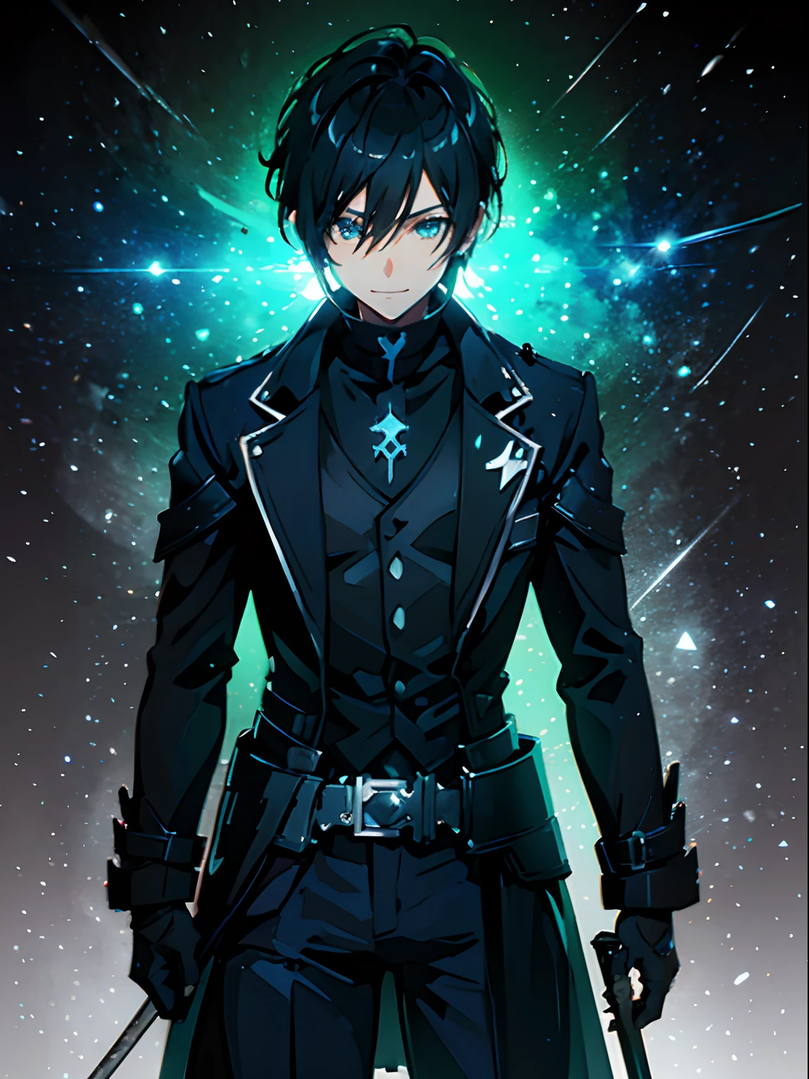 Kirito, cooler Typ im Anime-Stil, sword art online, schwarze schlanke Rüstung, schwarzer Trenchcoat, 1 Junge, Betrachter betrachten, Stehen, Denken, lächelnd, Oberkörper, ultra-detailliert, Einfacher Hintergrund, gute Qualität, Hohe Auflösung, Meisterwerk, beste Qualität, (extrem detailliertes CG Unity 8k-Hintergrundbild, Meisterwerk, beste Qualität, ultra-detailliert, bester Schatten), (detaillierter Hintergrund), (schönes detailliertes Gesicht, Schöne, detaillierte Augen), Hoher Kontrast,