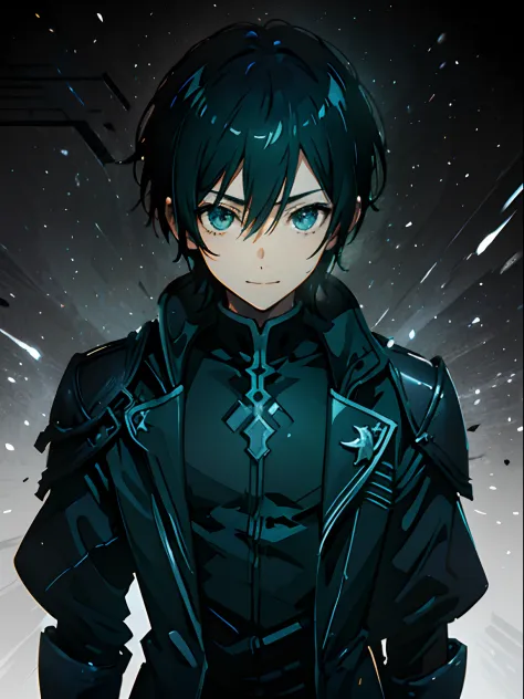 Kirito, anime style cool guy, sword art online, black slim armor, black trench coat, 1boy, looking at viewer, standing, thinking...