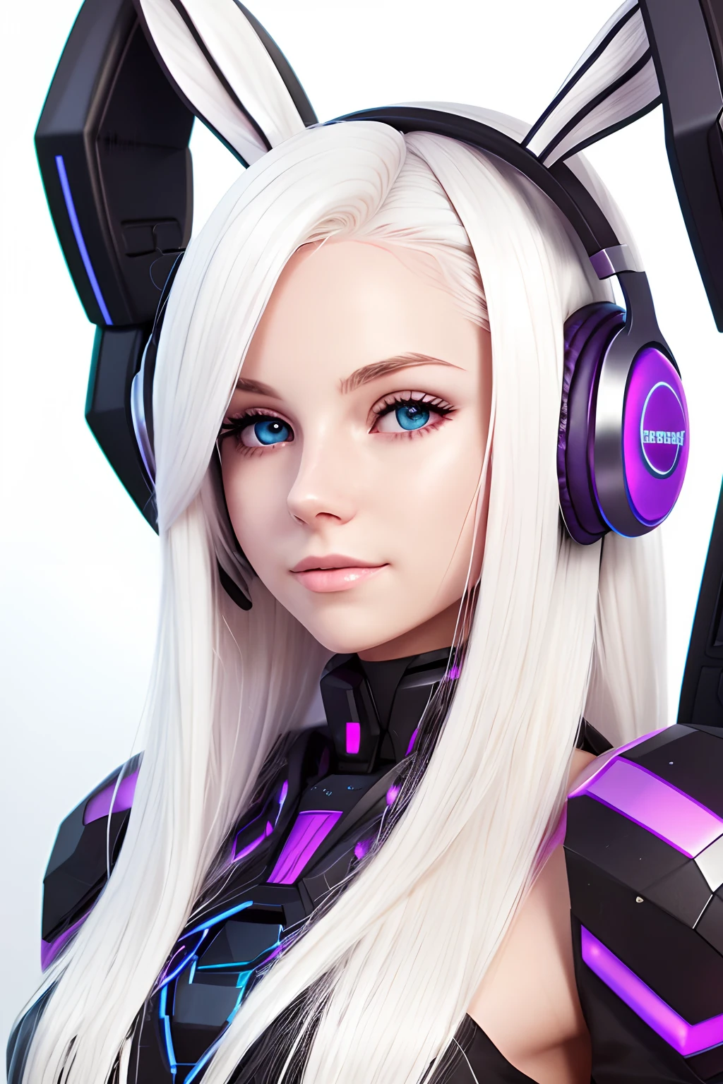 blond woman with headphones on looking at camera in front of a dress, her hair is white, twitch streamer, wearing cybernetic bunny ears, her hair is silver, bleached, her face looks like an orchid, perfect white haired girl, one girl has white hair, girl with white hair, emma bot queen, very very pale blond hair, wearing a gaming headset