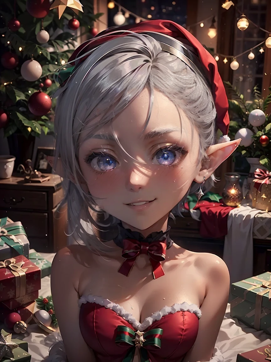 (master piece: 1.1), 1girl, teen, mature, emphasis on face, detailed face, detailed bright eyes, ((pointy ears, eyes have a bright silver)), (dark skin), tan, dark skin, shy face, (blushing face), anime character, smiling, (Elf), Lyra Stardust, (christmas costume), christmas clothes, wearing red hat on his head, short and dynamic hair, bedroom, christmas room, christmas tree, blur_background