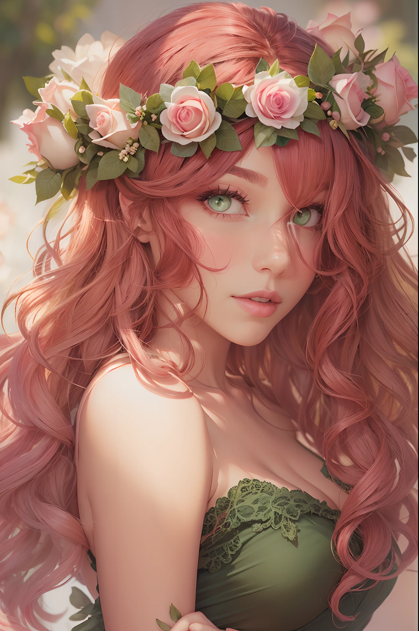 beautiful, adult, redhead, side part hairstyle, dark green eyes, flower crown, pink roses, dress, fantasy