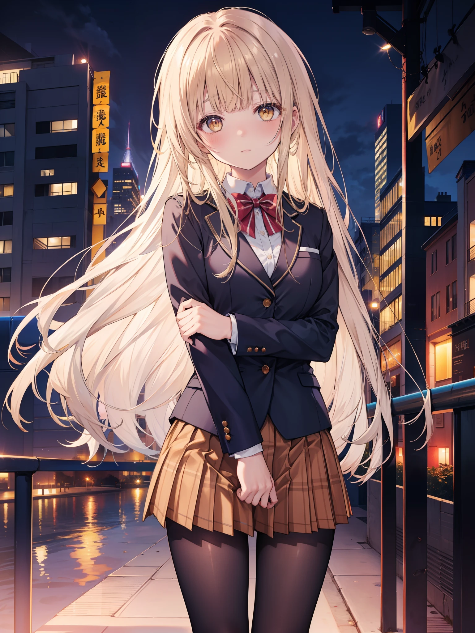 Shiina Mahiru, a good looking girl (long blonde hair with square bangs, big yellow eyes, blushing, perfect face), wearing a  (blue blazer with white shirt, red bow tie, brown mini skirt, black pantyhose, brown shoes ), standing alone (in a city at night), looking at the camera, masterpiece, anime art style, cute characters, best detailed, high quality