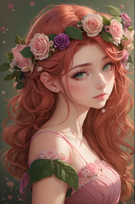 beautiful, adult, redhead, side part hairstyle, dark green eyes, flower crown, pink roses, dress, fantasy