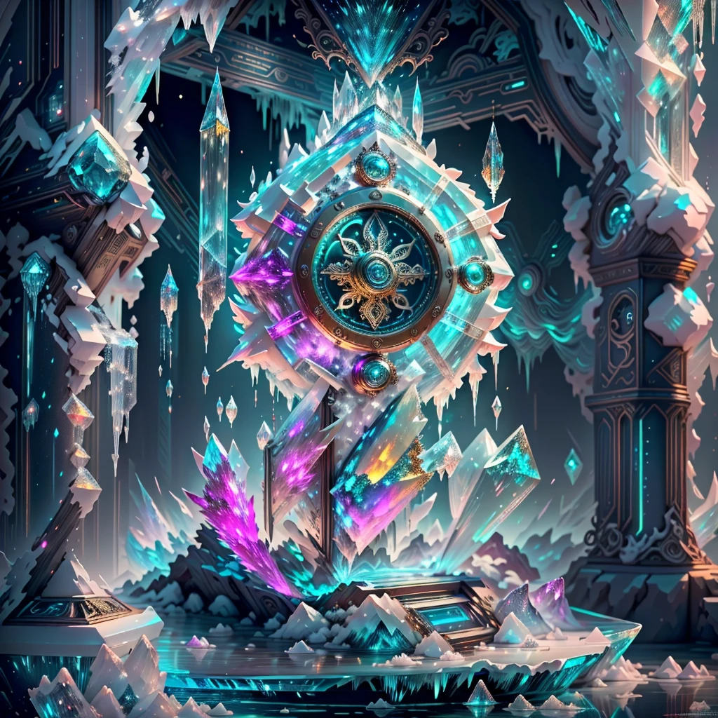 clock_realm, clock, IvoryGoldAI, fantasy, Asgard, The clock of Asgard，The bell gate of the gods in Norse mythology，(Asgardian Clock: 1.2)，((The material of the clock is made entirely of crystal and ice crystals，Transparent and white，Ice clear and jade)), (full bodyesbian，Faraway view，conceptual art, Ghibli-like colors, hyper photorealism, hyper HD, Masterpiece, ccurate, Anatomically correct, Super detail, Award-Awarded, Best quality, A high resolution, 8K，The picture is bright，Global illumination，high saturated), Mech4nim4lAI