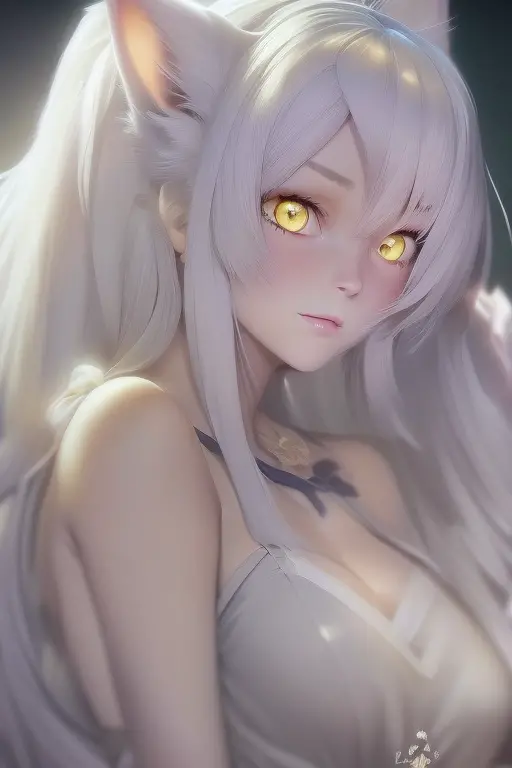 anime white cat eared woman,yellow  eyes, nightgown,white hair,2d,naughty 1 girl,solo,1girl in,solo,((beautiful detailed eyes)),...