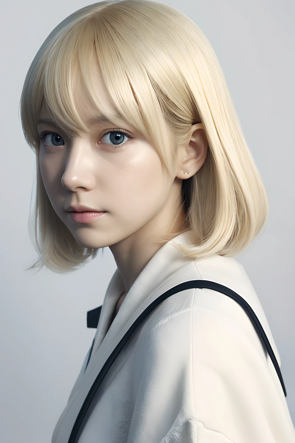 1 garota,lindo, mesa, melhor qualidade, fundo branco,Kazuya Takahashi, arte conceitual, loiro,cabelo curto