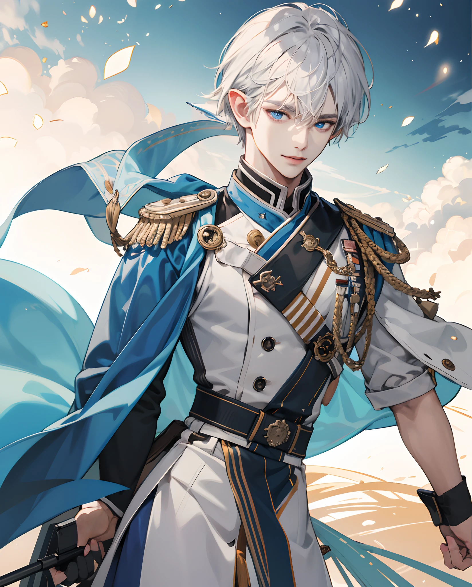 ​masterpiece、top-quality、超A high resolution、2D Bishonen、Silvery hair 、Blue eyes, Elven ears, Wearing a military uniform,  short-haired, Gentle smile, Eyes are depicted in detail、Clothes are depicted in detail、The face is depicted in detail、soio、animesque、illustratio