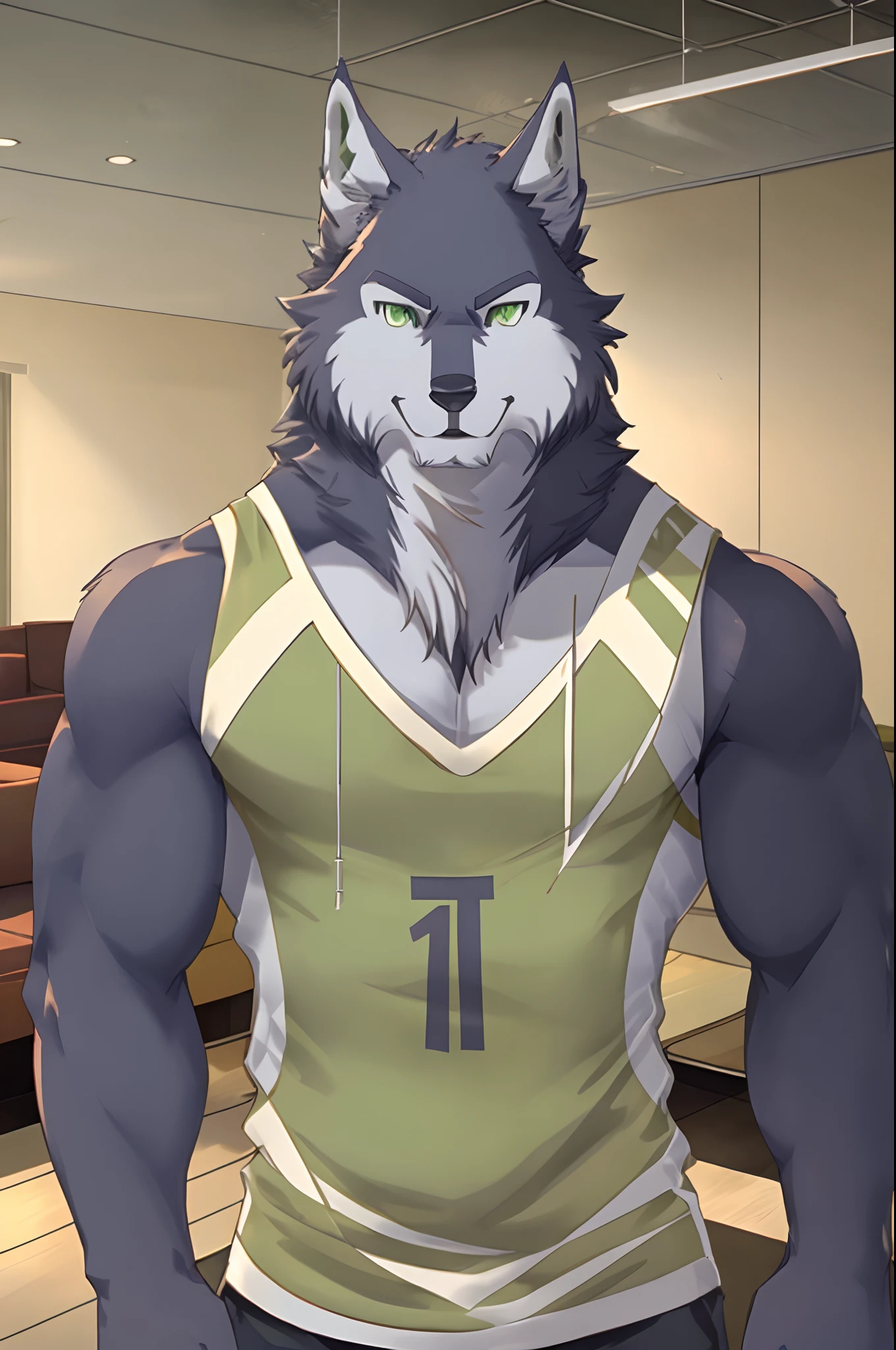 Best quality, Solo, Shoichi Urata, Furry Wolf, Dark Fur, Green eyes, Medium Muscular Body, Handsome, Good Looking, Tank Top, Cool Pose, Fierce, Smiling, Livingroom background