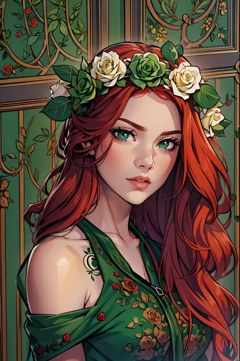 beautiful, redhead, long hair, side part hairstyle, dark green eyes, flower crown, roses