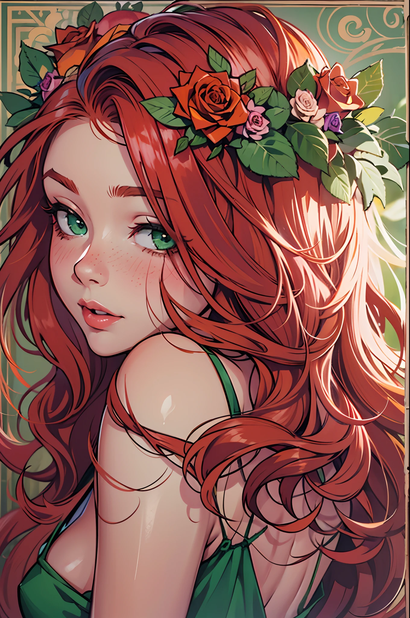 beautiful, redhead, long hair, side part hairstyle, dark green eyes, flower crown, roses