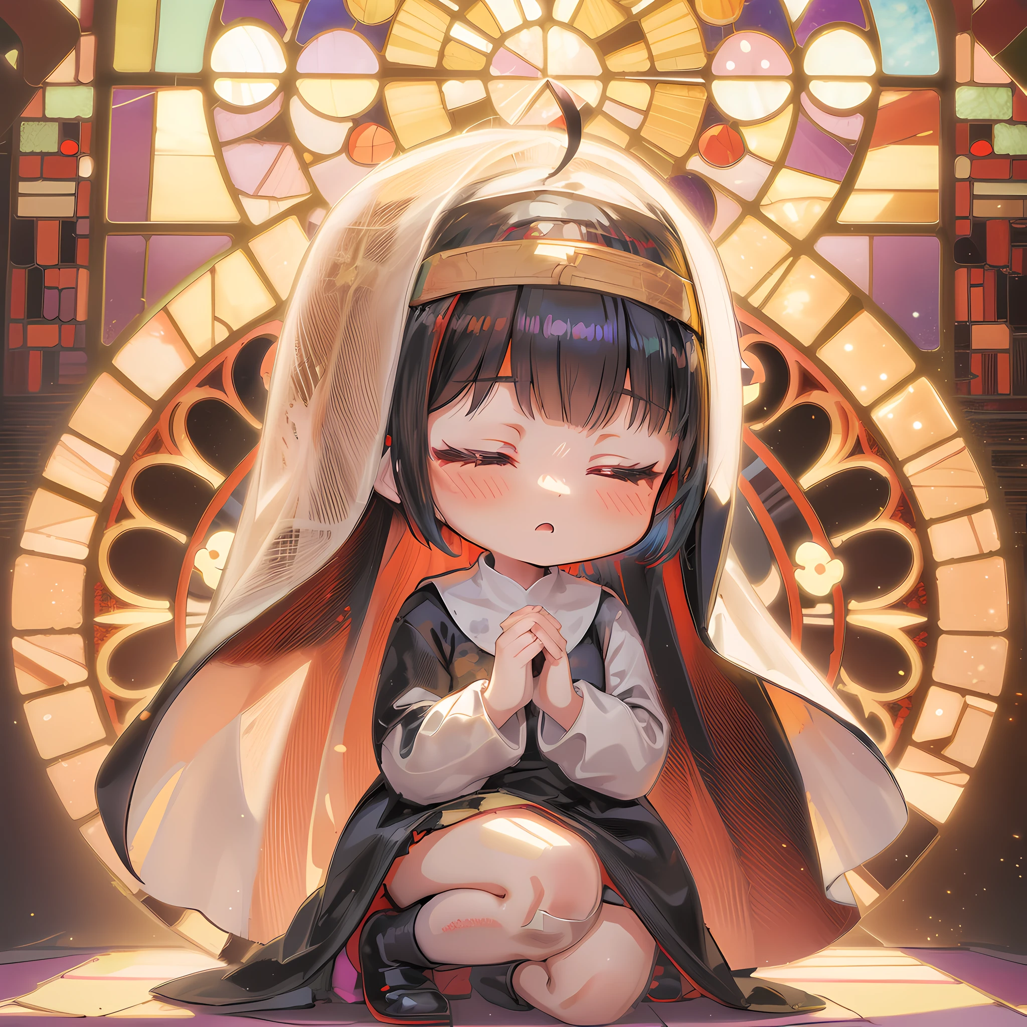 masutepiece, Best Quality, Extremely detailed, Anime, (one knee:1.5), girl with, Solo, Full body, own hands together, Ahoge, Closed eyes, (Nun costume), (nun veil), (Chibi Character), (Deformed), (Crepuscular rays:1.2), (brilliance:1.2), (iridescent:1.2), (stain glass:1.5)