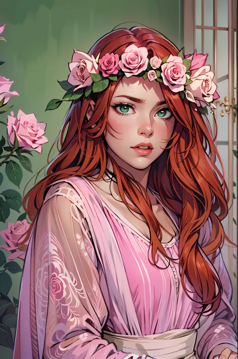 beautiful, redhead, long hair, side part hairstyle, dark green eyes, flower crown, pink roses