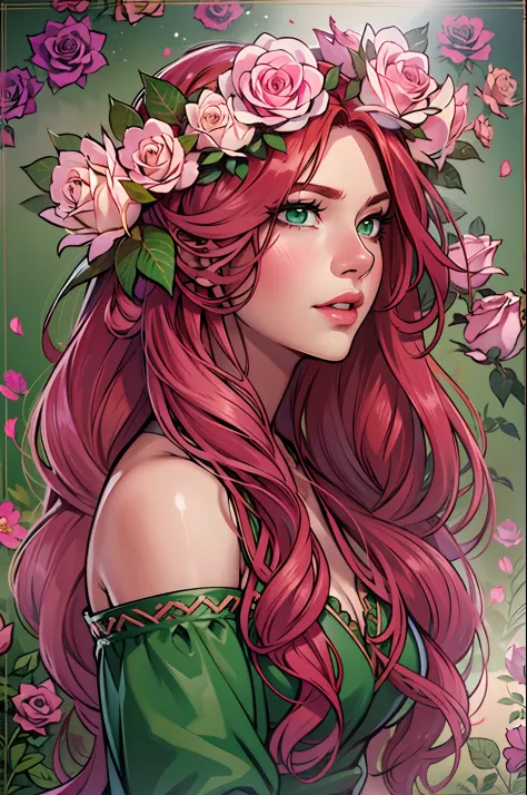 beautiful, redhead, long hair, side part hairstyle, dark green eyes, flower crown, pink roses