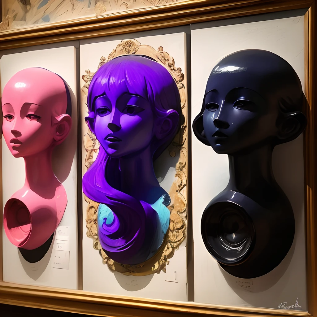 Three different colored heads are displayed on a wall in a frame - SeaArt AI