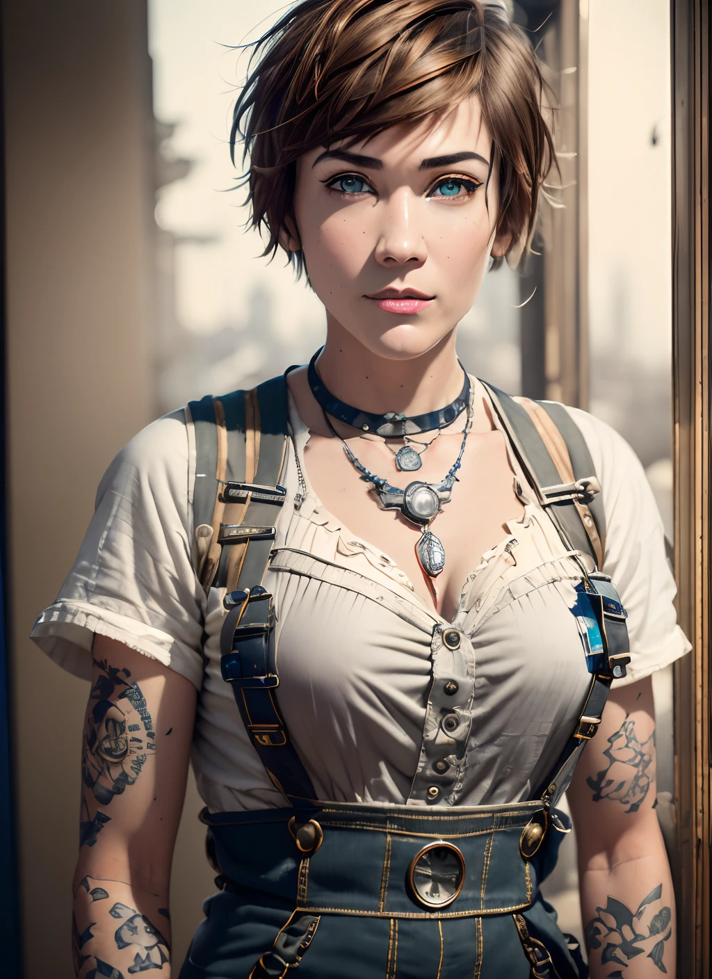 Meisterwerk, Hyperrealistisch, ausführlich, beste Qualität, preisgekröntes Foto, kleine Mechanikerin, dunkelbraunes Haar, Pixie-Bob-Schnitt, draußen, steampunk city, Steampunk der 1890er Jahre in New York City, Overalls tragen, enges weißes Hemd mit Knöpfen, Enge Lederjeans, sehr kleine Brüste, Kleinere Brüste, super ausführlich, Schön and aesthetic, Schön, Meisterwerk, beste Qualität, roh, Meisterwerk, super schönes Foto, beste Qualität, super hohe Auflösung, fotorealistischer Realismus, erstaunliche Schönheit, dynamische pose, Lebendige Augen, (VON VORNE), ausführlich face, ausführlich complex busy background, Unordentlich, highly ausführlich skin, realistische Hautdetails, scharfer Fokus, 8k uhd, DSLR camera, gute Qualität, Fotorealismus, Lomographie, riesige Metropole in einer Steampunk-Stadt der 10er Jahre, durchscheinend