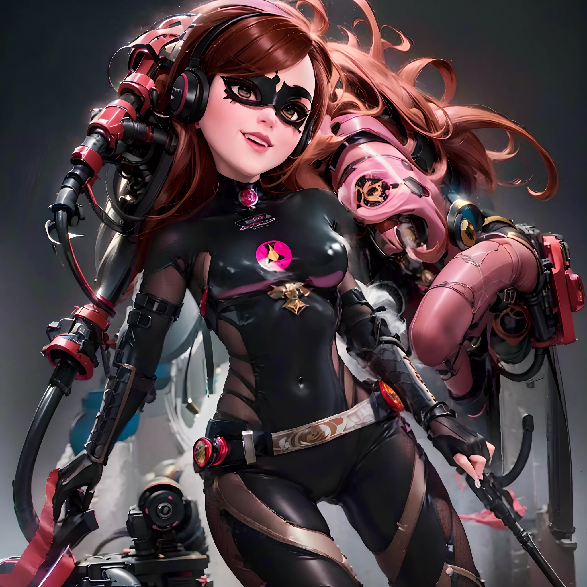 Helen Parr. masterpiece. top-quality. solo. brown haired. A black mask that obscures the eyes. Latex bondage. Tattoo of the lower abdomen. adult lady. Sharp Eye Mask. Provocative smile. shorth hair. red and black costume. headphones. full body Esbian. Pink lighting,