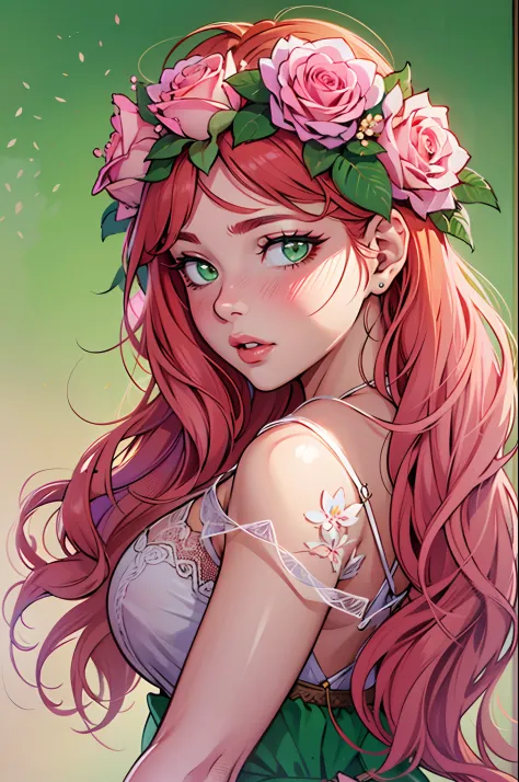 beautiful, fat, redhead, long hair, side part hairstyle, dark green eyes, flower crown, pink roses