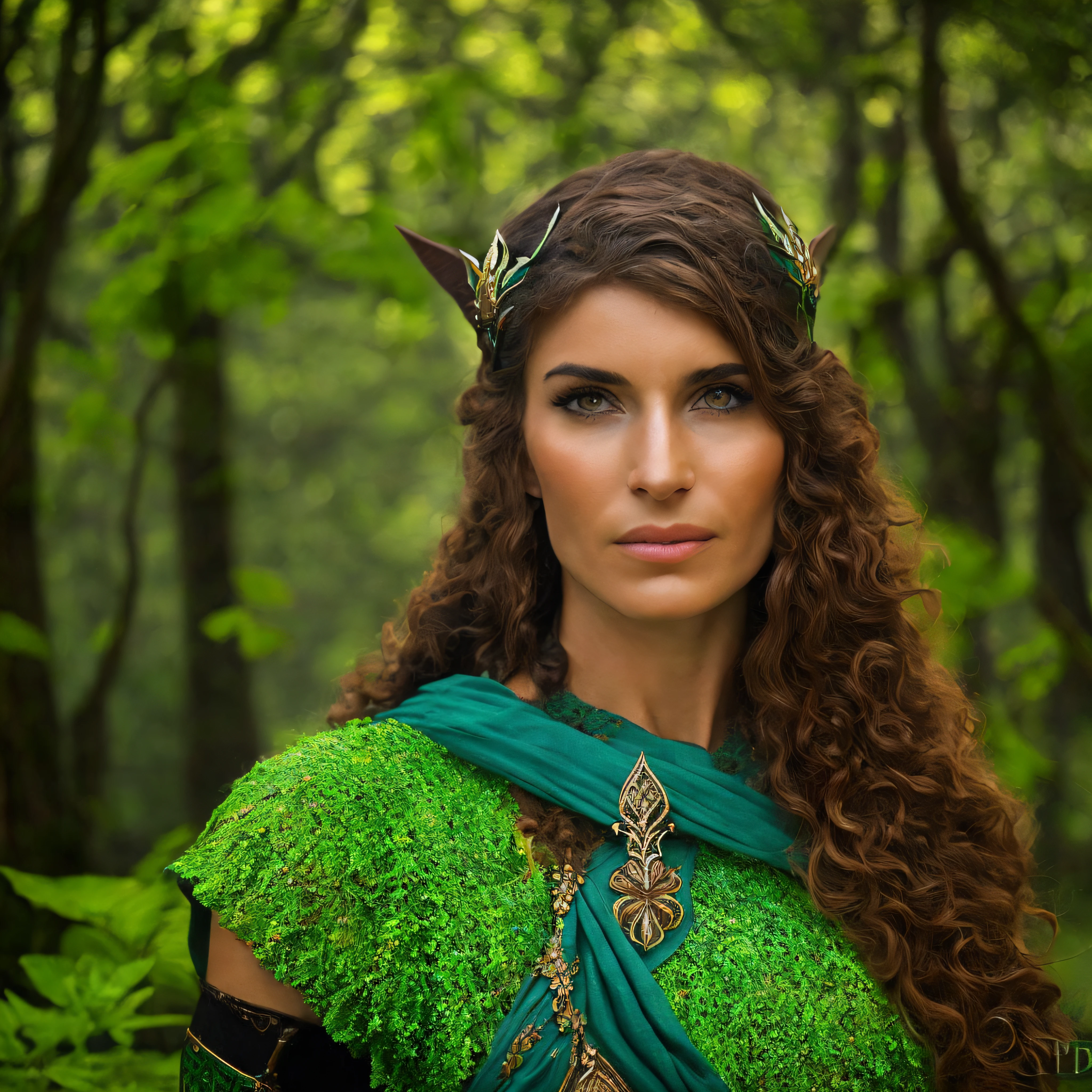 とても美しい女性, 笑顔, 小さなケルト衣装, 夜明け、森の真ん中の茂みの近くに座っているバイキングの戦士, 植物は緑で、光は木々の葉の間を通り抜けます, 柔らかい霧が周囲を覆う, 黒い服, 全身にケルト族のタトゥー. カラフル, 二次元,