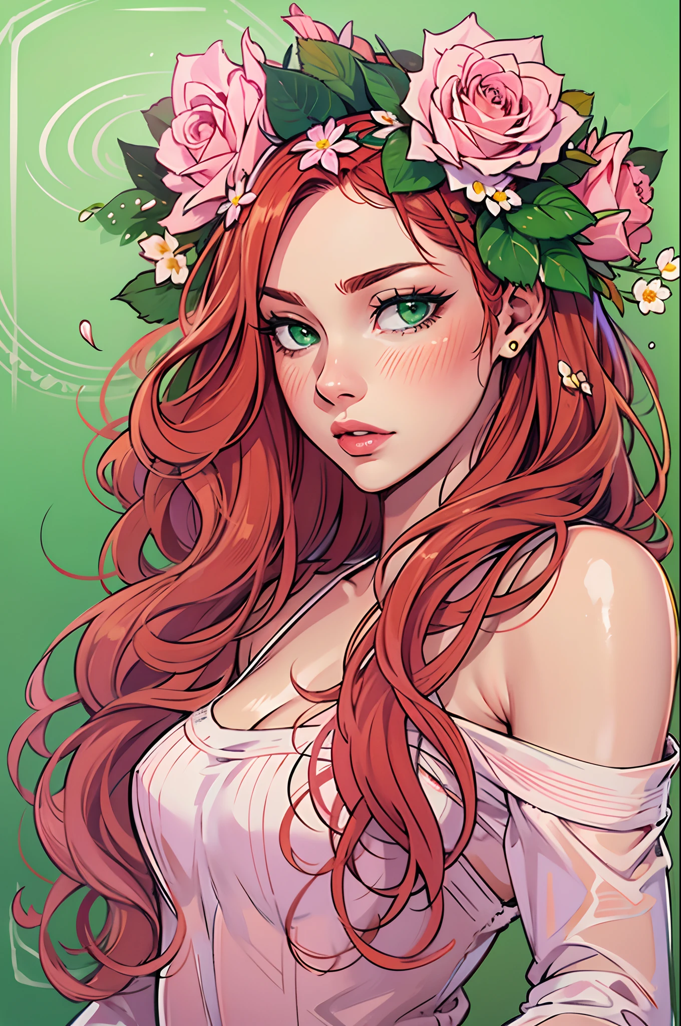 beautiful, redhead, long hair, side part hairstyle, dark green eyes, flower crown, pink roses