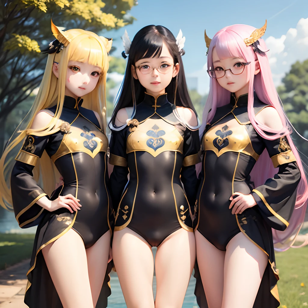 Three sexy anime girls in black and gold costumes posing for a picture -  SeaArt AI