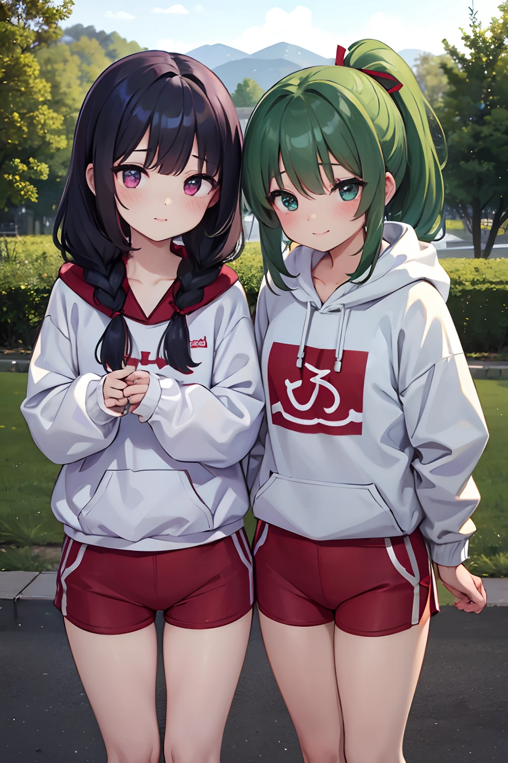 Anime girl in red and white hoodie and girl in grey hoodie - SeaArt AI