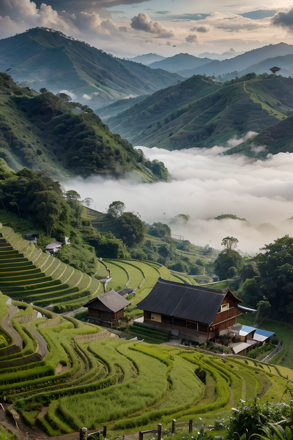 8k, highest quality, ultra details, Indonesia, lush green rice terraces, traditional farmers working in the fields, traditional wooden houses, majestic mountains in the background, misty morning atmosphere, serene and peaceful.