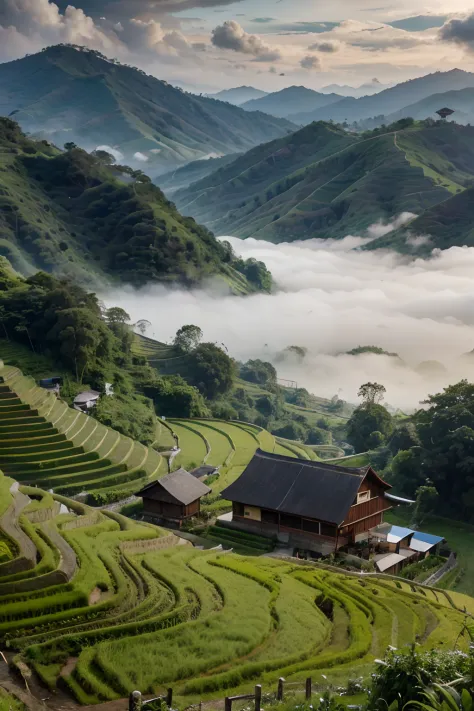8k, highest quality, ultra details, Indonesia, lush green rice terraces, traditional farmers working in the fields, traditional ...
