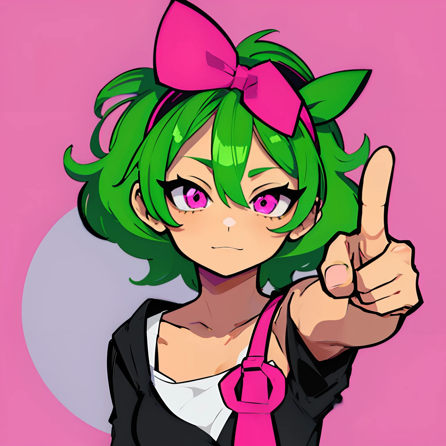 アニメの女性の短い緑の髪とピンクの目は親指を立てて正面を見て背景なし