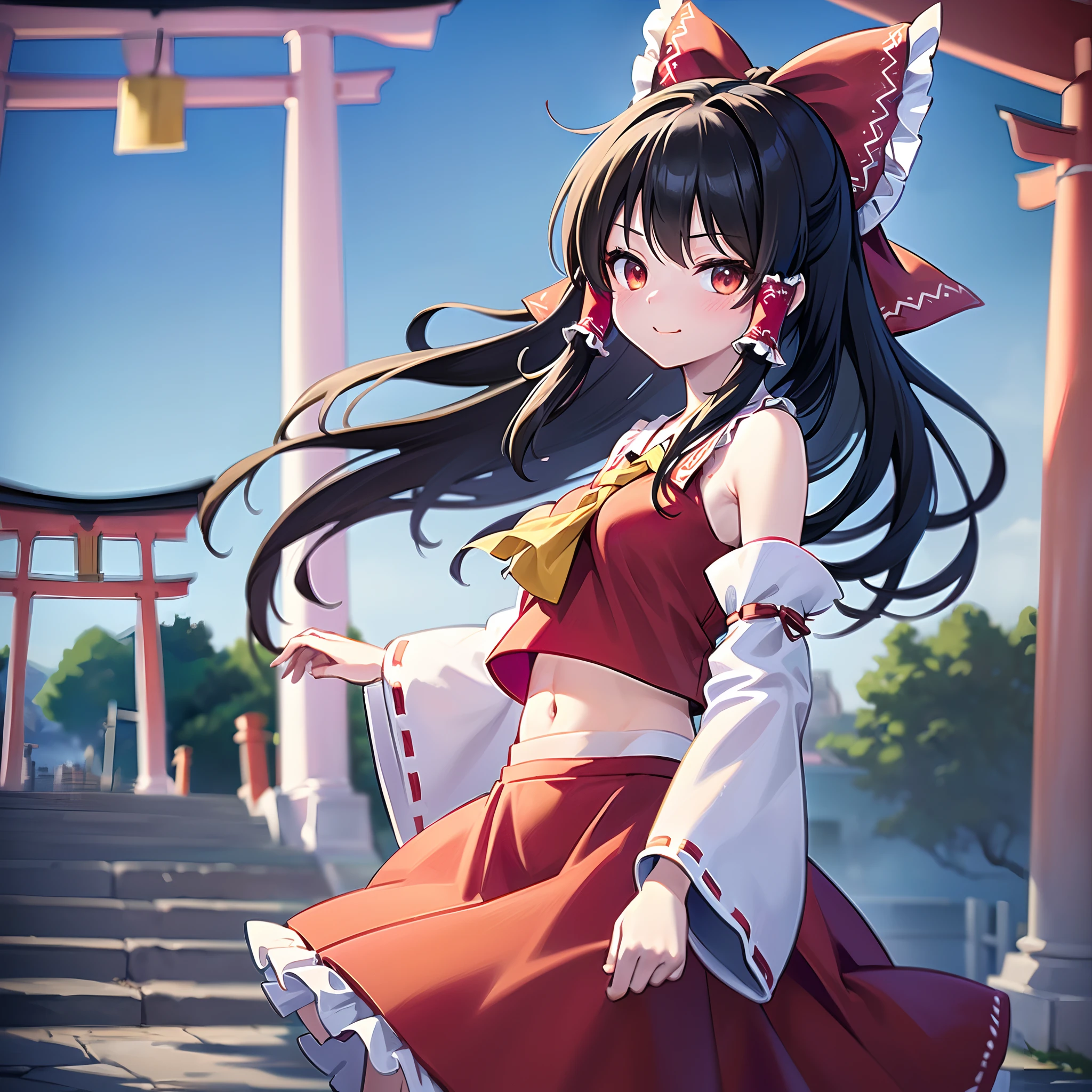 ((매우 자세한 CG, 애니메이션 그림,미술))((hakurei reimu))(흑발, 긴 소매, 배꼽, 벌거벗은 어깨, 머리 리본, 주름 장식, 넓은 소매, 분리된 소매),((도리,집 밖의))(웃다)(상체)(음성 하트 마크:1.0,♡:1.0),