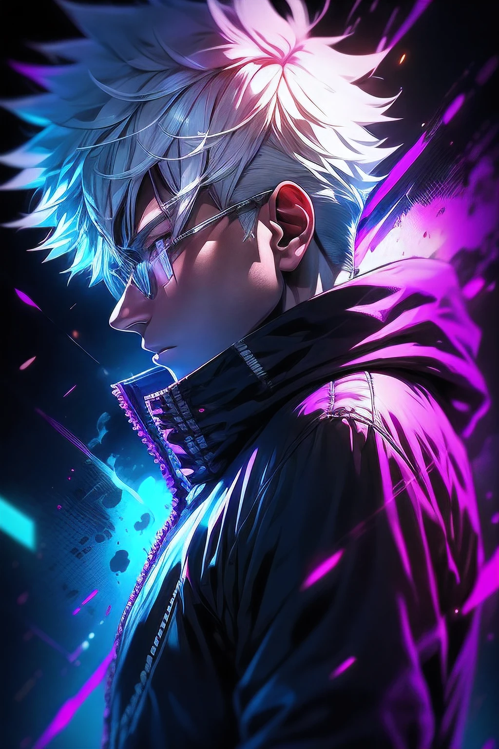 un hombre con cabello blanco y una chaqueta morada sosteniendo un teléfono celular, Arte cyberpunk inspirado en Munakata Shikō, tumblr, arte digital, Estilo artístico UFOTABLE, anime wallaper, foto de perfil 1024px, desencadenar estilo artístico anime, anime rudo 8k, Terror en tokyo, Fondo de pantalla animado 4k, jujutsu-kaisen