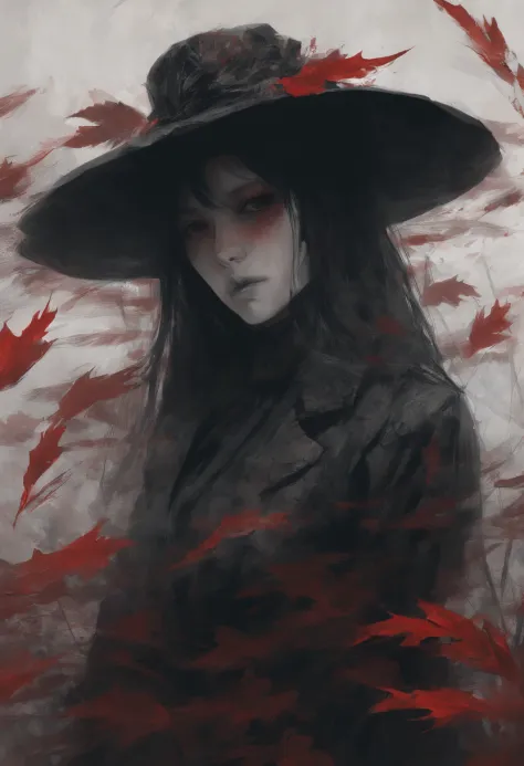 painting of a woman with a hat with red leaves on it, an anime drawing by Kamisaka Sekka, pixiv contest winner, ukiyo-e, artwork in the style of guweiz, guweiz masterpiece, guweiz on pixiv artstation, guweiz on artstation pixiv, anime art wallpaper 4k