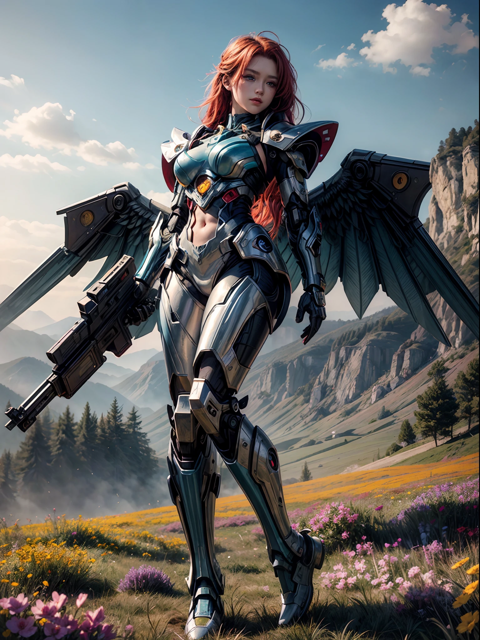 a picture of a mecha fairy resting in a rainbow colored flower meadow, full body, an exquisite beautiful (ultra detailed, Masterpiece, best quality: 1.4) female mecha fairy, dynamic angle (best detailed, Masterpiece, best quality), best detailed face (best detailed, Masterpiece, best quality: 1.5), ultra feminine (best detailed, Masterpiece, best quality), dragon_wings, red hair, long hair, braided hair, dynamic eyes color, (wearing mecha armor: 1.4), resting in (rainbow colored flower meadow: 1.6), full colored, (perfect spectrum: 1.3),( vibrant work: 1.4) vibrant shades of red, orange, yellow, green, blue, indigo, violet day light, sun rising, high details, fantasy art, RPG art best quality, 16k, [ultra detailed], masterpiece, best quality, (ultra detailed), full body, ultra wide shot, photorealistic, mecha musume, anatomically correct, textured skin, high details, 8k