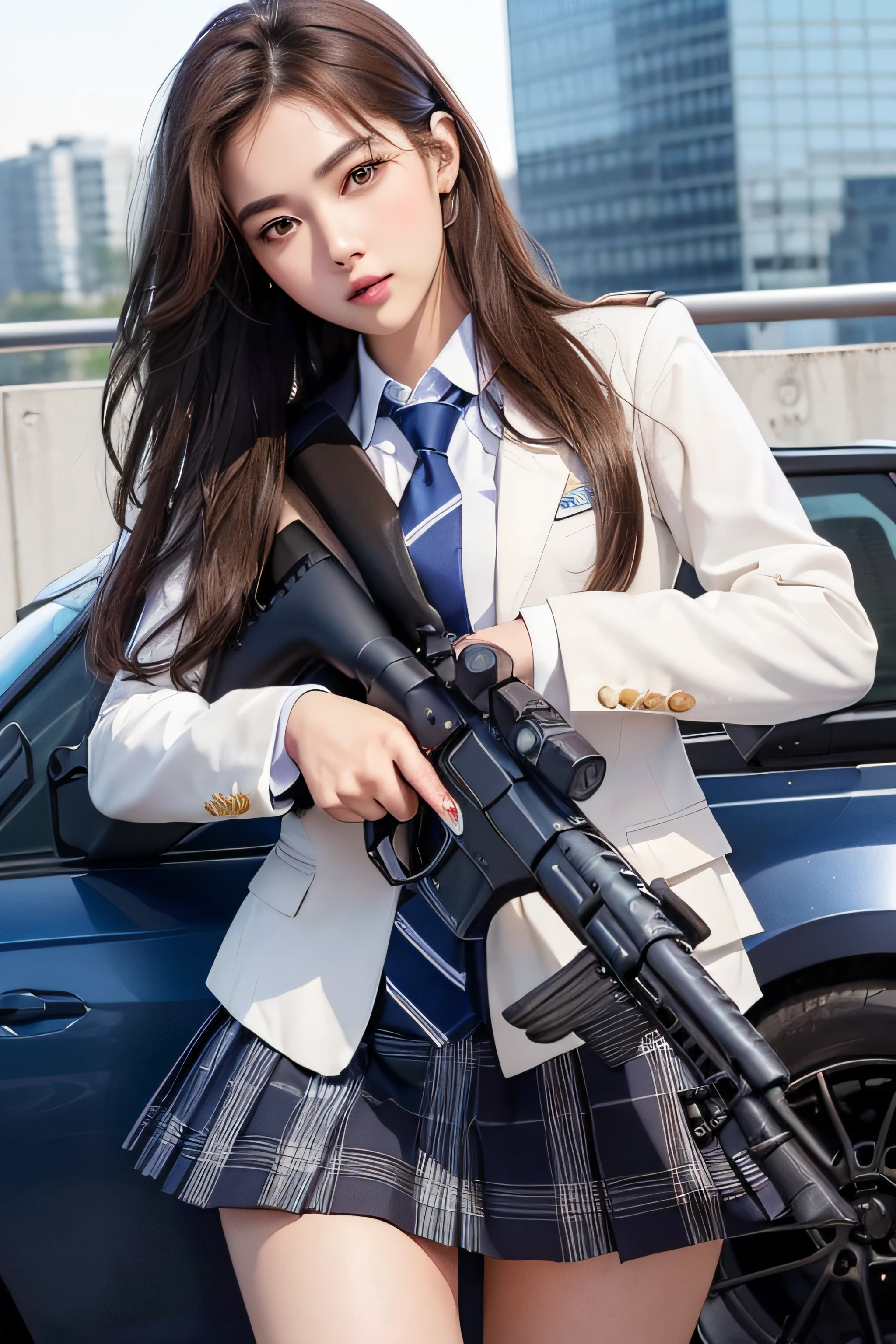 1womanl、(Super beautiful)、(beauitful face:1.5)、(A detailed face)、is standing、(high-school uniform)、Dark blue jacket、white  shirt、neck tie、Plaid mini skirt、Brown hair、(Dark makeup)、(holding rifle)、(Aim your rifle:1.5)、h&K HK416、(On the roof of a high-rise building)