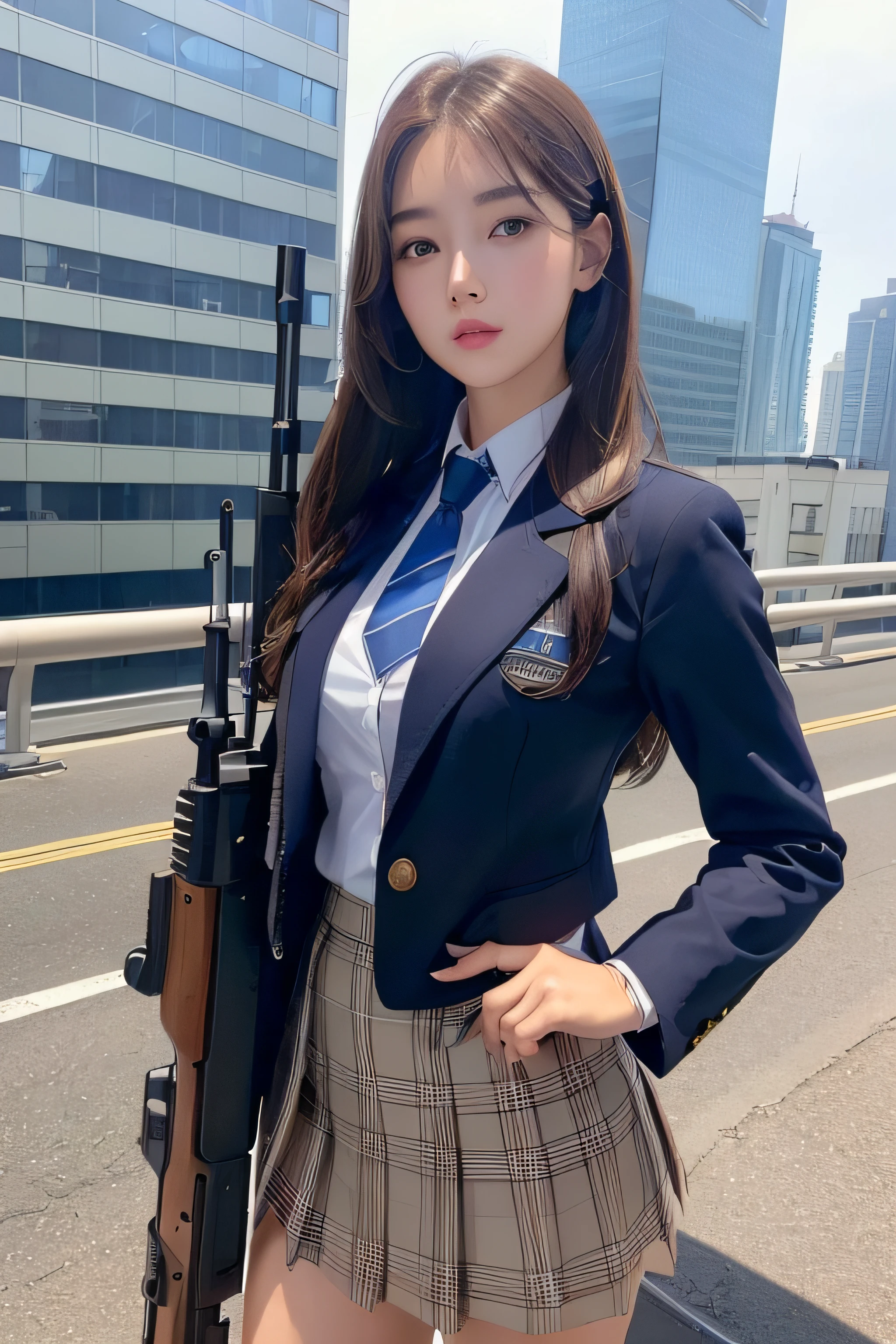 1womanl、(Super beautiful)、(beauitful face:1.5)、(A detailed face)、is standing、(high-school uniform)、Dark blue jacket、white  shirt、neck tie、Plaid mini skirt、Brown hair、(Dark makeup)、(holding rifle)、(Aim your rifle:1.5)、h&K HK416、(On the roof of a high-rise building)