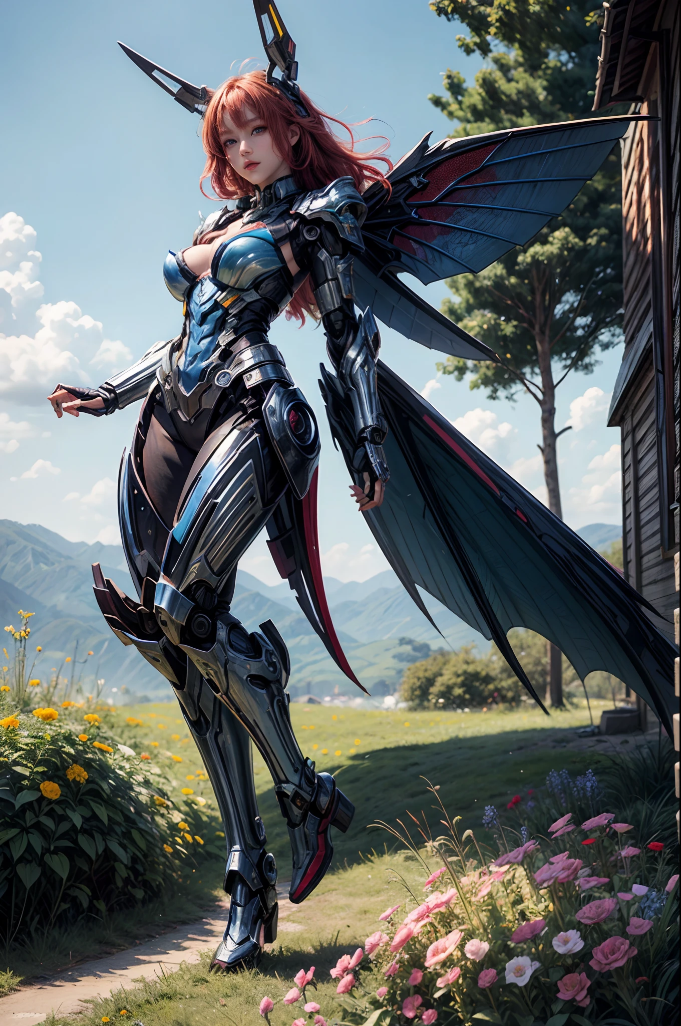 a picture of a mecha fairy 休息 a 彩虹色的花草甸, 全身, 精致美丽 (极其详细, 杰作, 最好的质量: 1.4) 女机甲仙子, 动态角度 (最好详细, 杰作, 最好的质量), 最好详细 face (最好详细, 杰作, 最好的质量: 1.5), 极度女性化 (最好详细, 杰作, 最好的质量), 龙_翅膀, 红发, 长发, 辫发, 动态眼睛颜色, (穿着机甲: 1.4), 休息 (彩虹色的花草甸: 1.6), 全彩色, (完美光谱: 1.3),( 充满活力的工作: 1.4) 鲜艳的红色, 橙子, 黄色的, 绿色的, 蓝色的, 靛青, 紫罗兰日光, 太阳升起, 高细节, 幻想艺术, RPG art 最好的质量, 16千, [极其详细], 杰作, 最好的质量, (极其详细), 全身, 超广角拍摄, 真实感, 机甲娘, 解剖学上正确, 纹理皮肤, 高细节, 8千