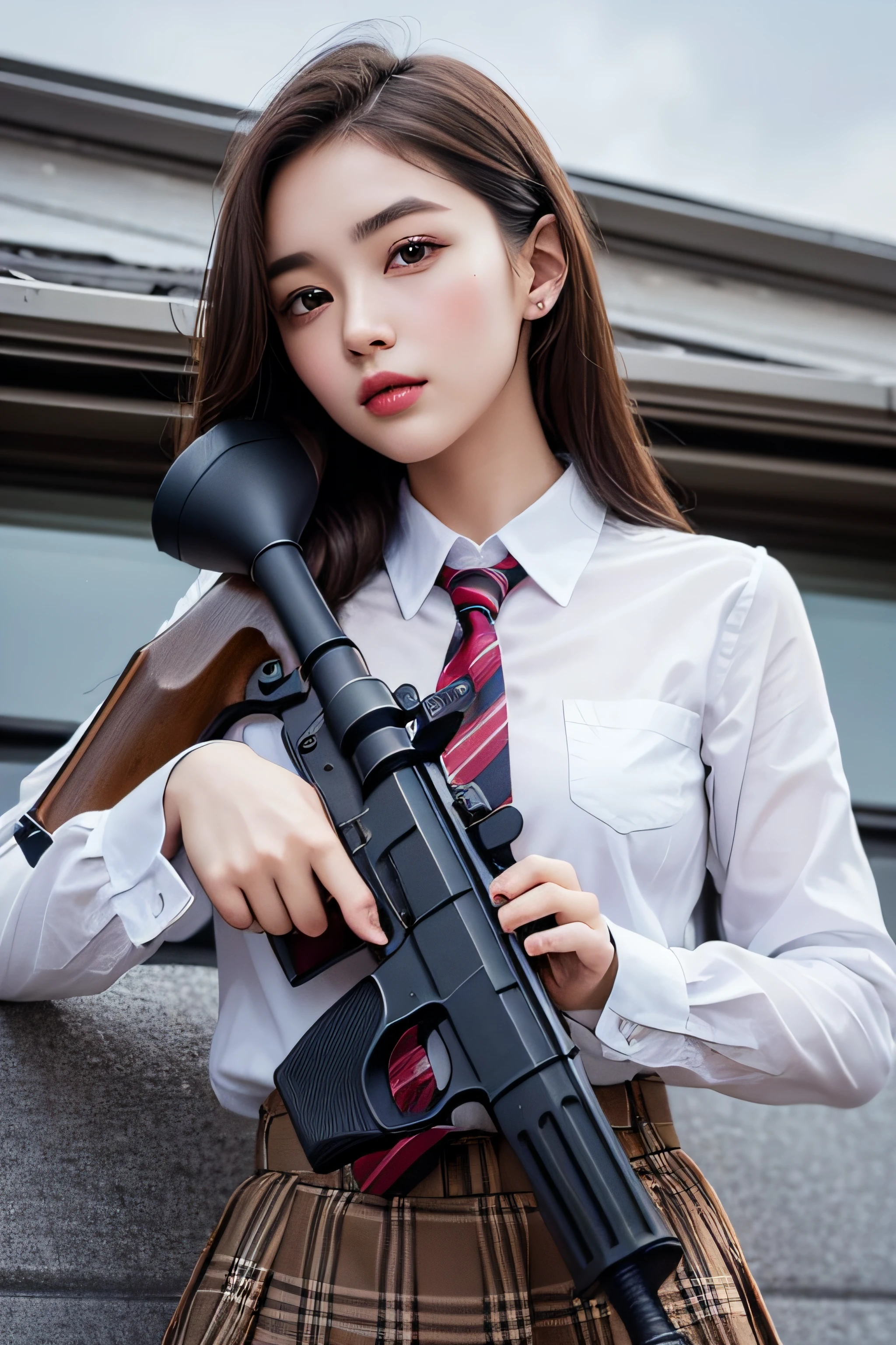 1womanl、(Super beautiful)、(beauitful face:1.5)、(A detailed face)、is standing、(high-school uniform)、Dark blue jacket、white  shirt、neck tie、Plaid mini skirt、Brown hair、(Dark makeup)、(holding rifle)、(Aim your rifle:1.5)、h&K HK416、(On the roof of a high-rise building)