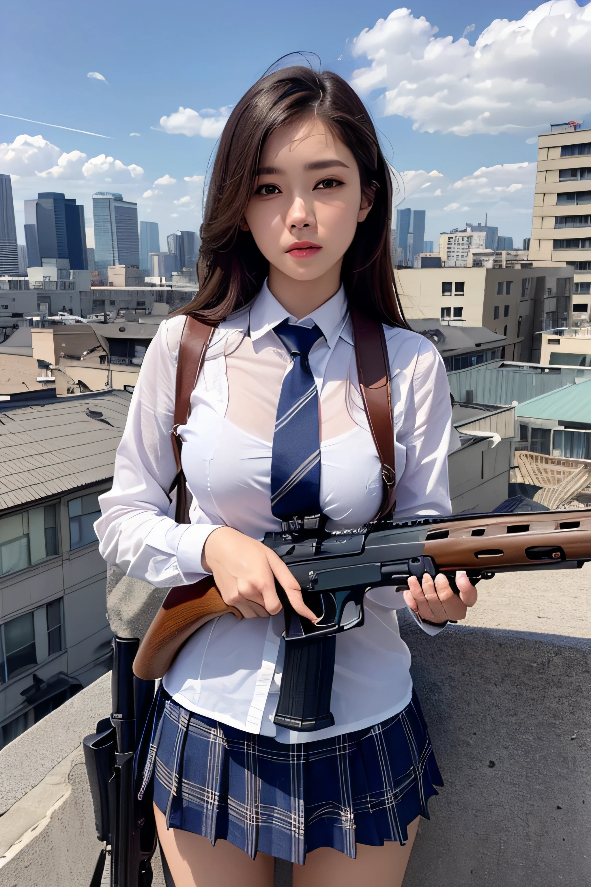 1womanl、(Super beautiful)、(beauitful face:1.5)、(A detailed face)、is standing、(high-school uniform)、Dark blue jacket、white  shirt、neck tie、Plaid mini skirt、Brown hair、(Dark makeup)、(holding rifle)、(Aim your rifle:1.5)、h&K HK416、(On the roof of a high-rise building)