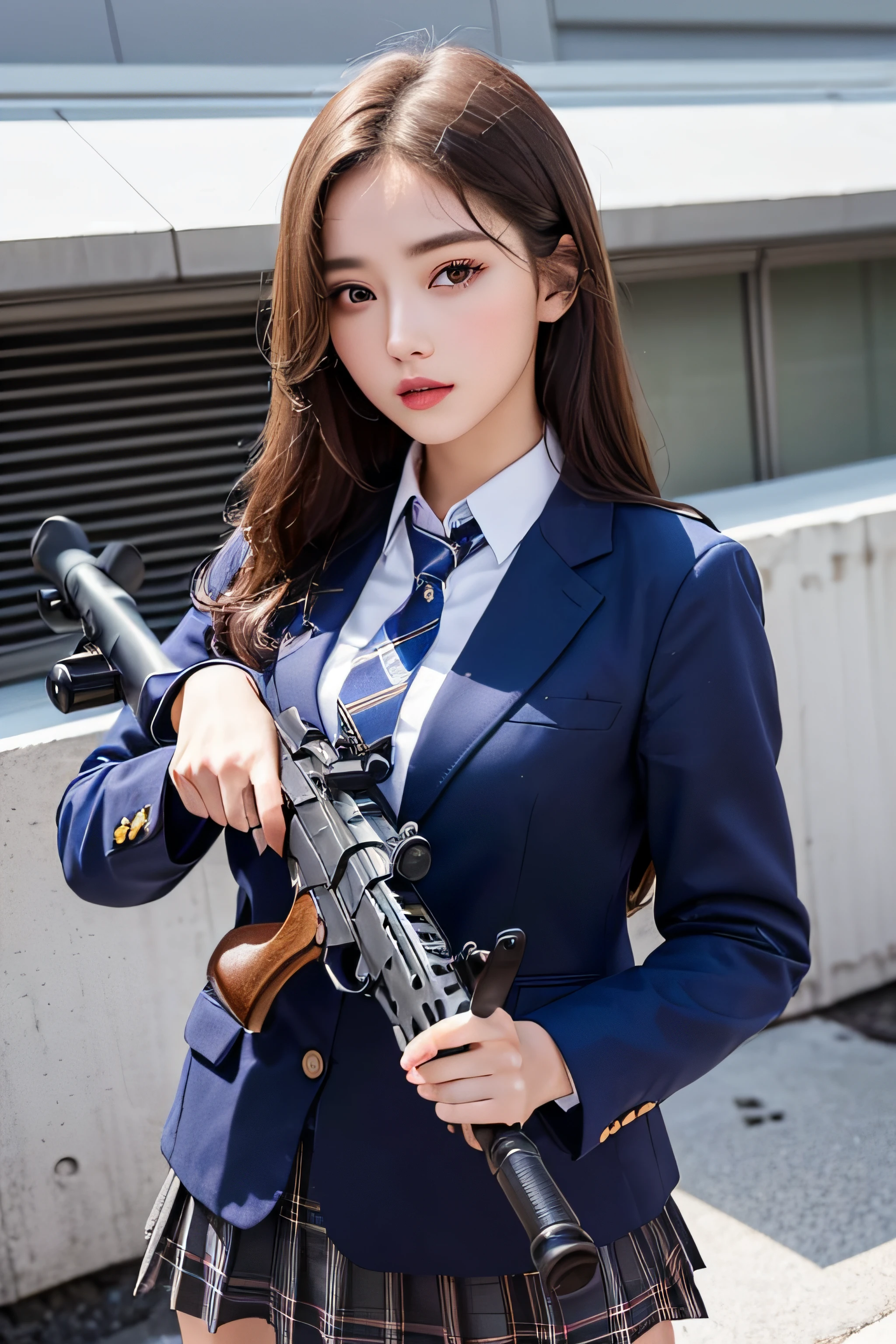 1womanl、(Super beautiful)、(beauitful face:1.5)、(A detailed face)、is standing、(high-school uniform)、Dark blue jacket、white  shirt、neck tie、Plaid mini skirt、Brown hair、(Dark makeup)、(holding rifle)、(Aim your rifle:1.5)、h&K HK416、(On the roof of a high-rise building)