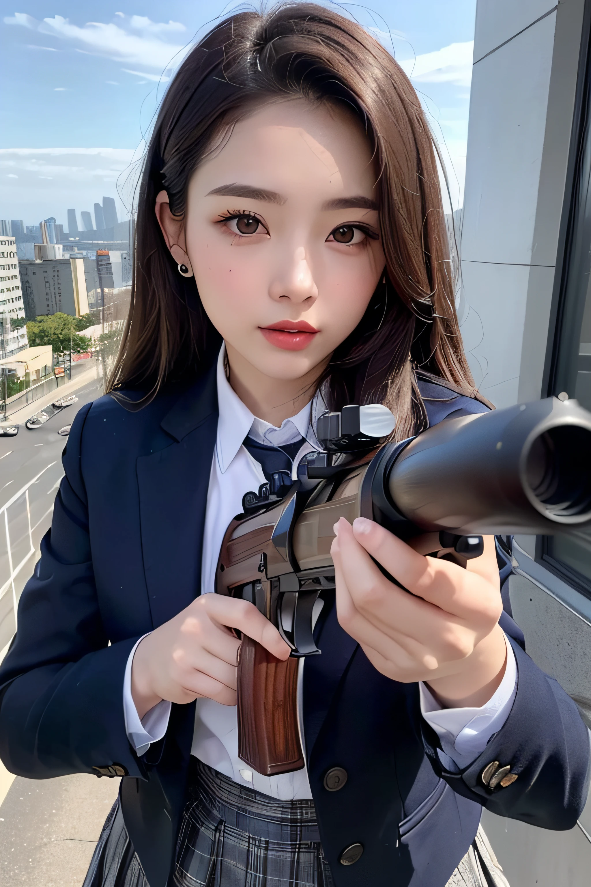 1womanl、(Super beautiful)、(beauitful face:1.5)、(A detailed face)、is standing、(high-school uniform)、Dark blue jacket、white  shirt、neck tie、Plaid mini skirt、Brown hair、(Dark makeup)、(holding rifle)、(Aim your rifle:1.5)、h&K HK416、(On the roof of a high-rise building)