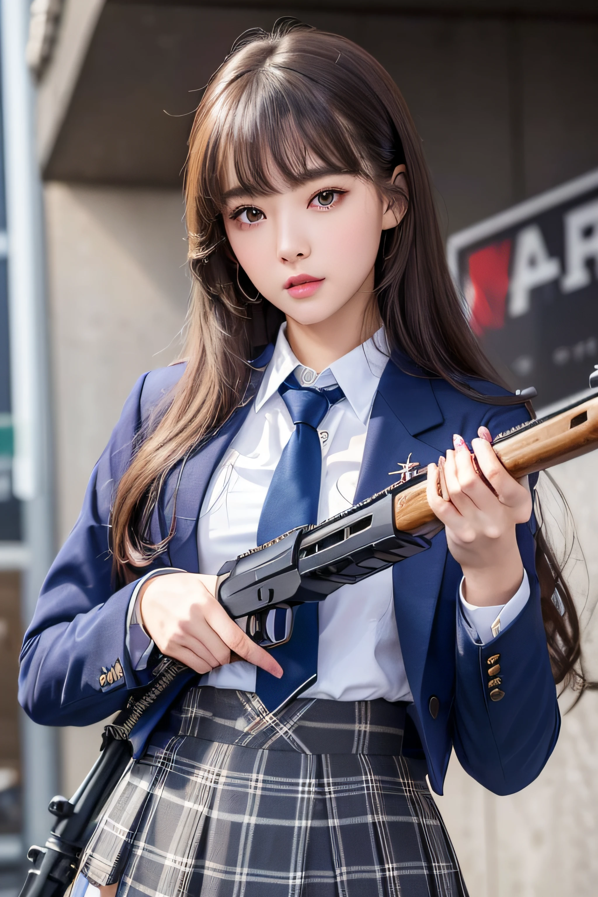 1womanl、(Super beautiful)、(beauitful face:1.5)、(A detailed face)、is standing、(high-school uniform)、Dark blue jacket、white  shirt、neck tie、Plaid mini skirt、Brown hair、(Dark makeup)、(holding rifle)、(Aim your rifle:1.5)、h&K HK416、(On the roof of a high-rise building)