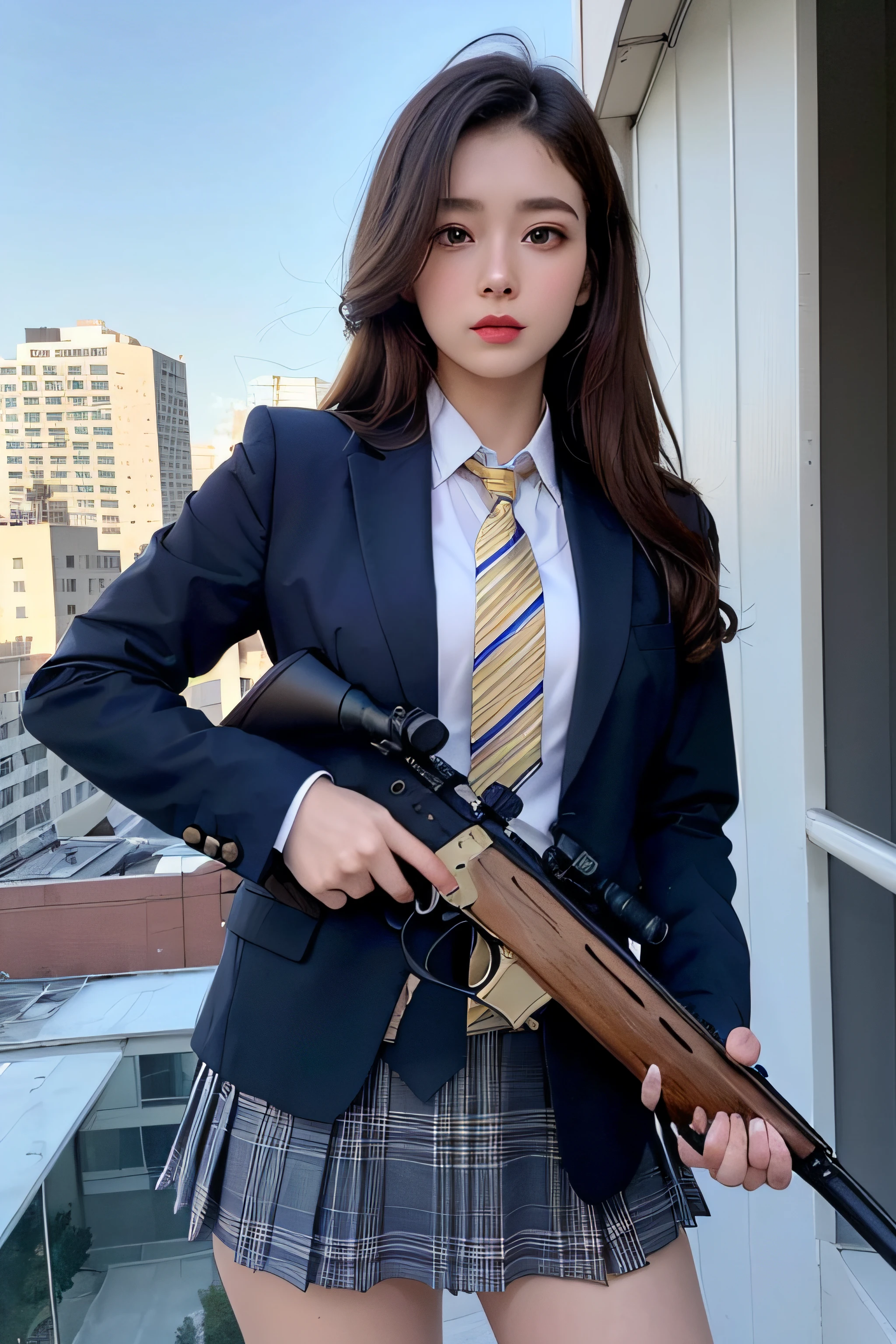 1womanl、(Super beautiful)、(beauitful face:1.5)、(A detailed face)、is standing、(high-school uniform)、Dark blue jacket、white  shirt、neck tie、Plaid mini skirt、Brown hair、(Dark makeup)、(holding rifle)、(Aim your rifle:1.5)、h&K HK416、(On the roof of a high-rise building)