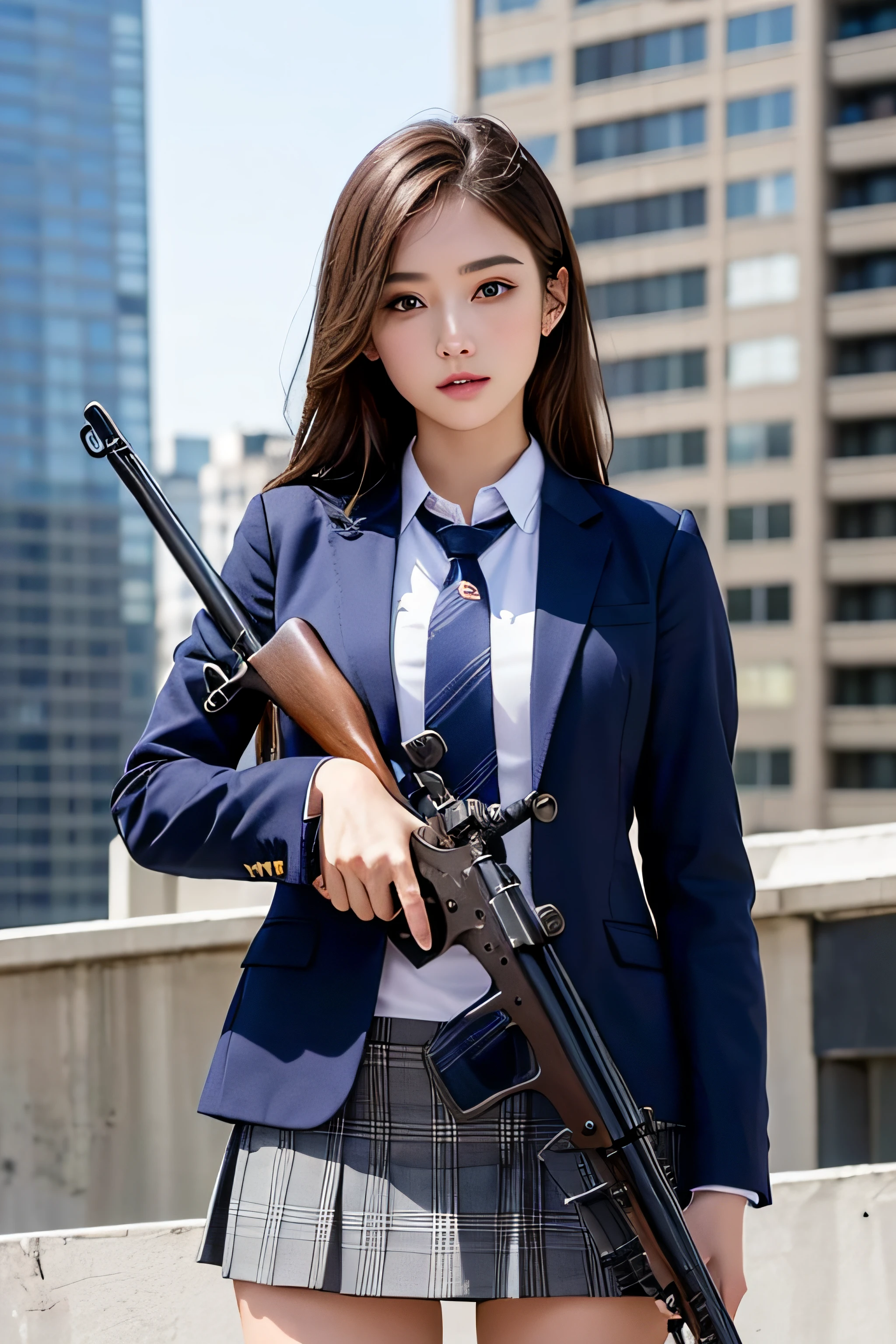 1womanl、(Super beautiful)、(beauitful face:1.5)、(A detailed face)、is standing、(high-school uniform)、Dark blue jacket、white  shirt、neck tie、Plaid mini skirt、Brown hair、(Dark makeup)、(holding rifle)、(Aim your rifle:1.5)、h&K HK416、(On the roof of a high-rise building)