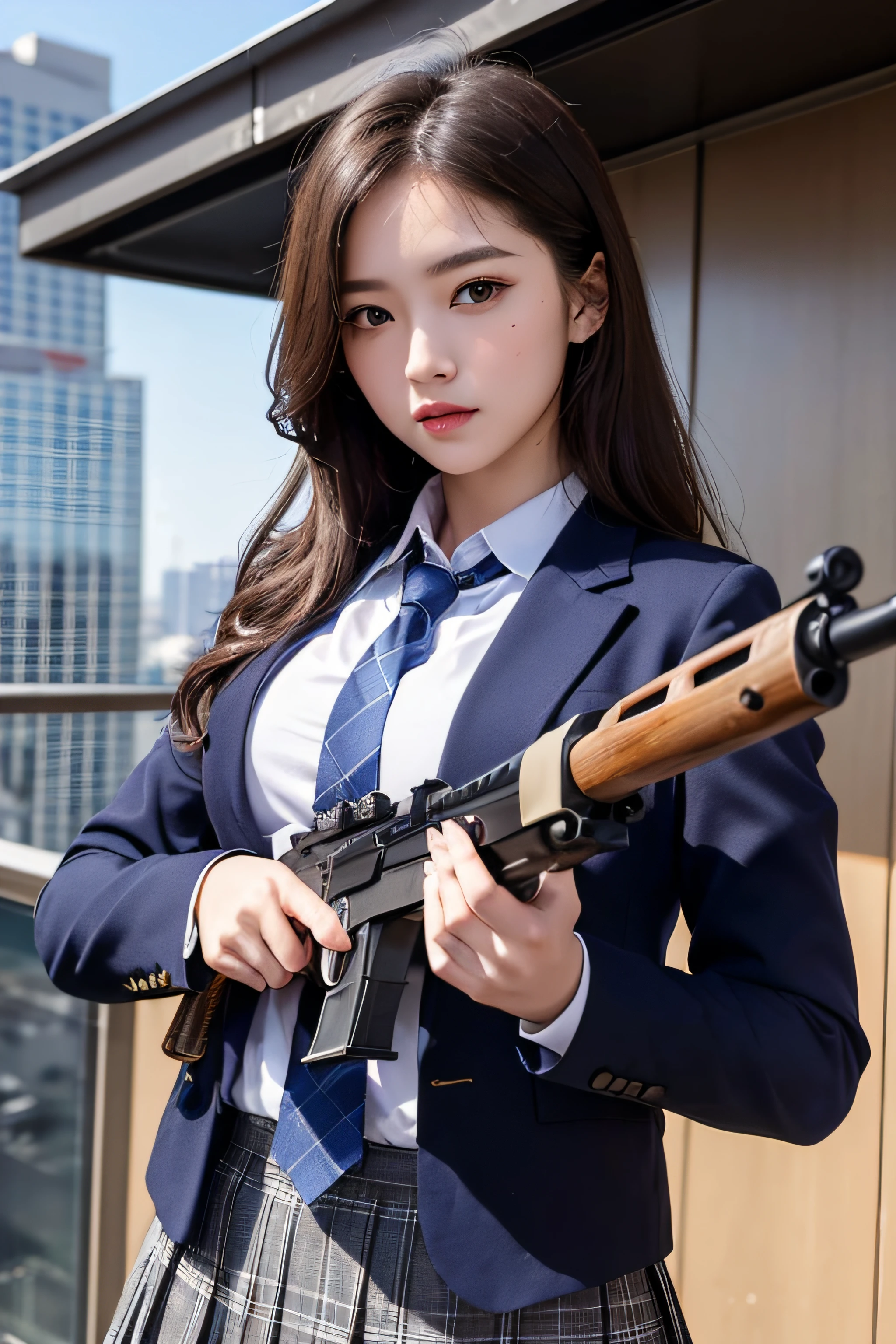 1womanl、(Super beautiful)、(beauitful face:1.5)、(A detailed face)、is standing、(high-school uniform)、Dark blue jacket、white  shirt、neck tie、Plaid mini skirt、Brown hair、(Dark makeup)、(holding rifle)、(Aim your rifle:1.5)、h&K HK416、(On the roof of a high-rise building)