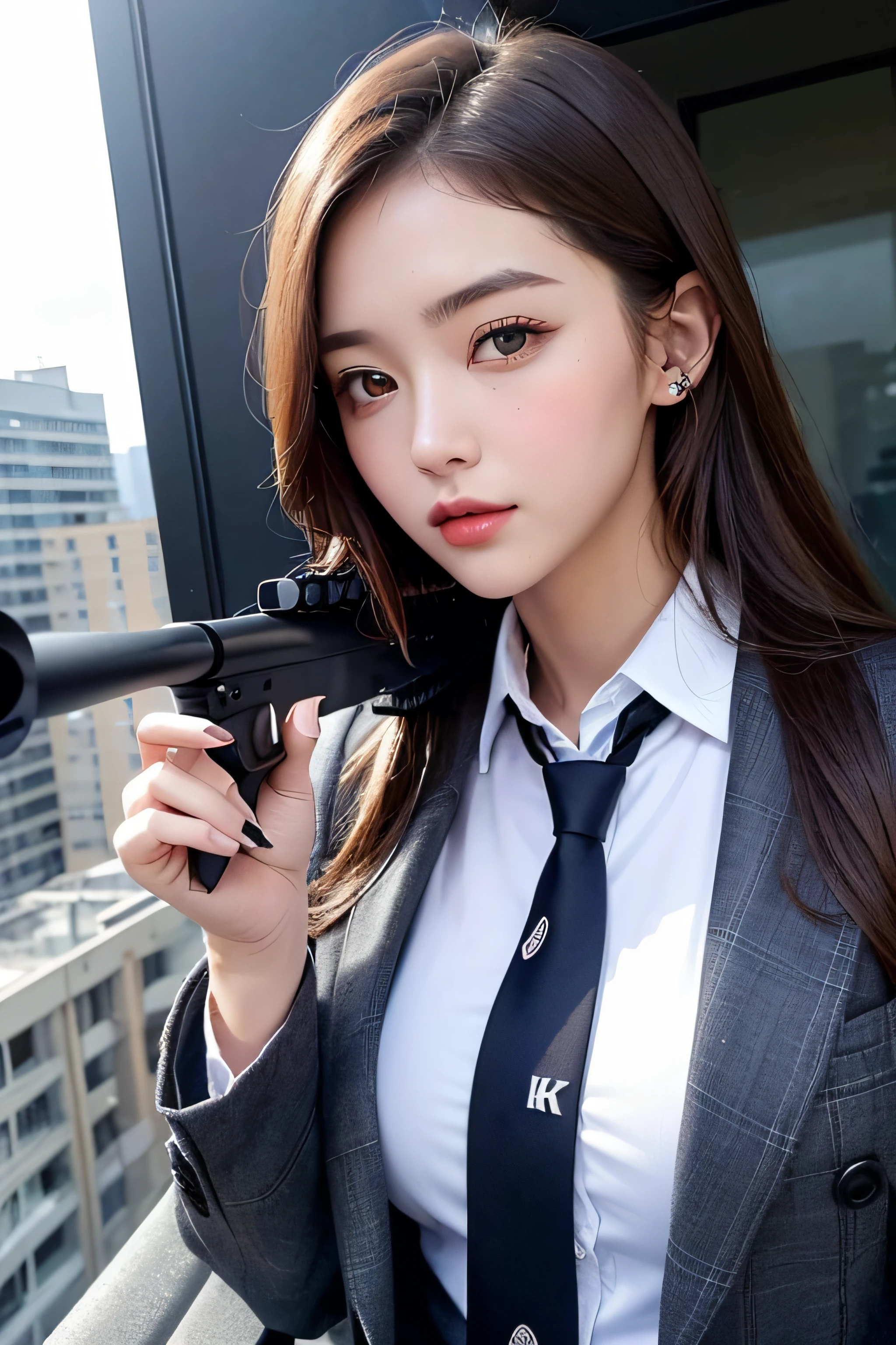 1womanl、(Super beautiful)、(beauitful face:1.5)、(A detailed face)、is standing、(high-school uniform)、Dark blue jacket、white  shirt、neck tie、Plaid mini skirt、Brown hair、(Dark makeup)、(holding rifle)、(Aim your rifle:1.5)、h&K HK416、(On the roof of a high-rise building)