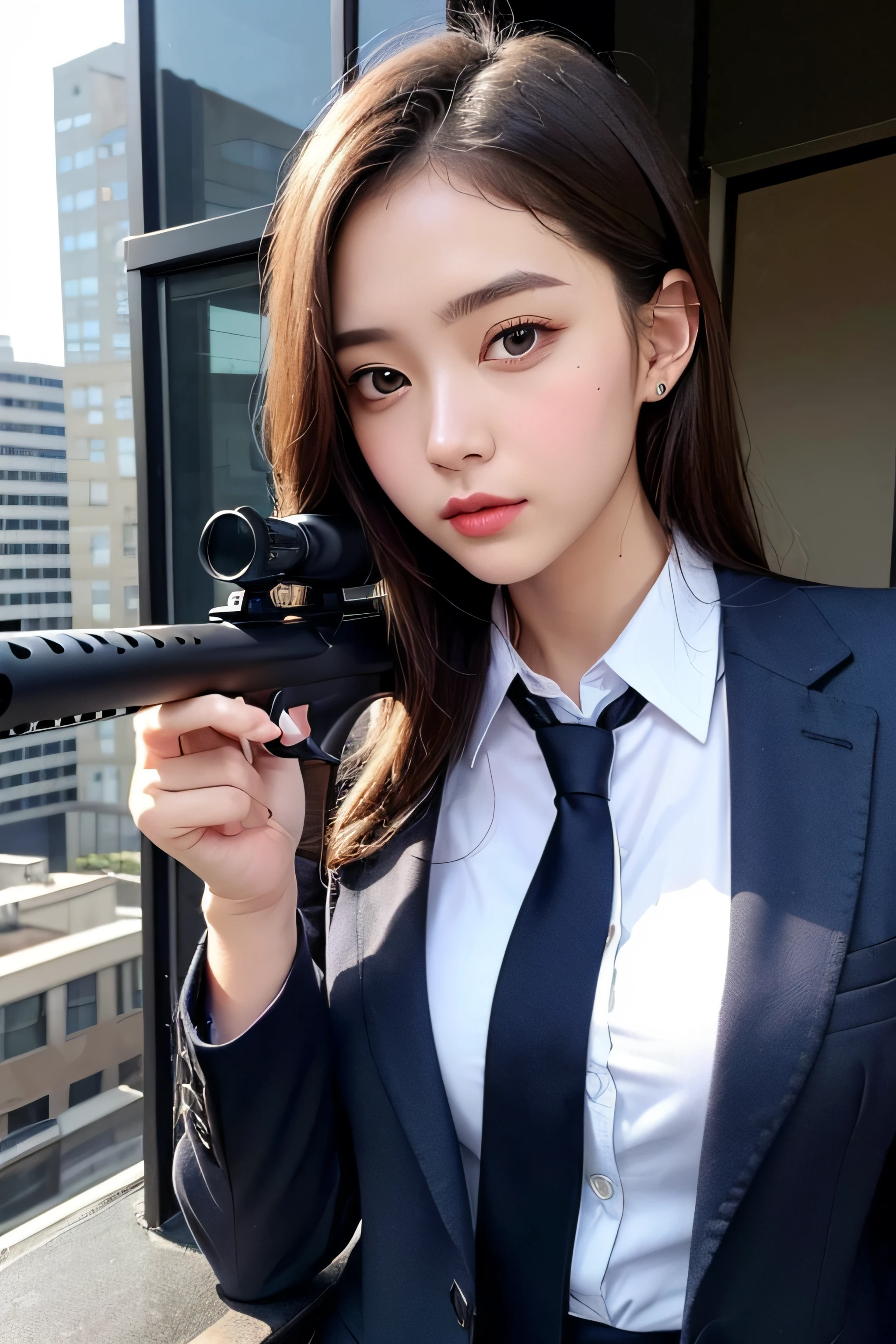 1womanl、(Super beautiful)、(beauitful face:1.5)、(A detailed face)、is standing、(high-school uniform)、Dark blue jacket、white  shirt、neck tie、Plaid mini skirt、Brown hair、(Dark makeup)、(holding rifle)、(Aim your rifle:1.5)、h&K HK416、(On the roof of a high-rise building)